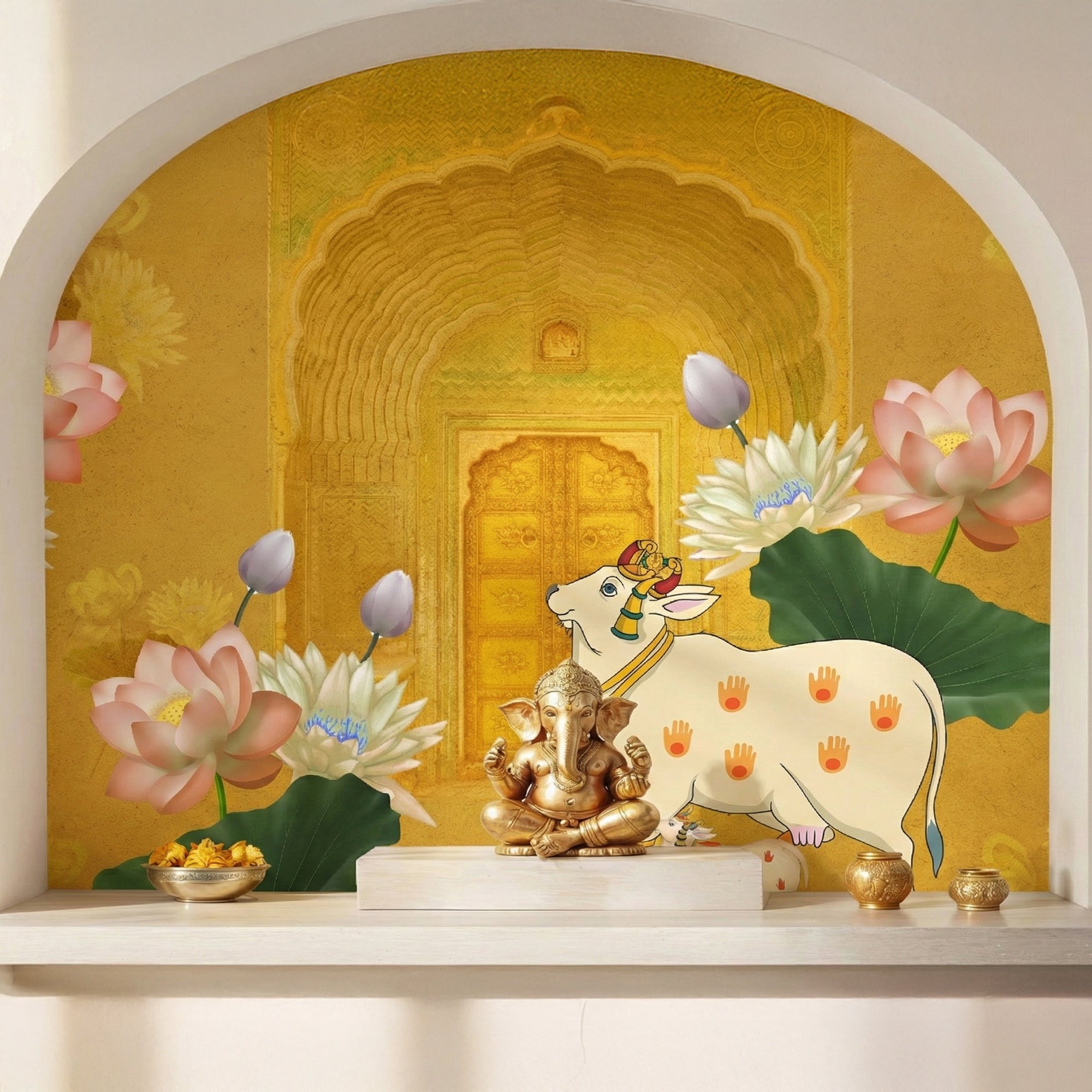 Sacred Cow & Lotus Pichwai Wallpaper – Golden Indian Ethnic Wall Mural