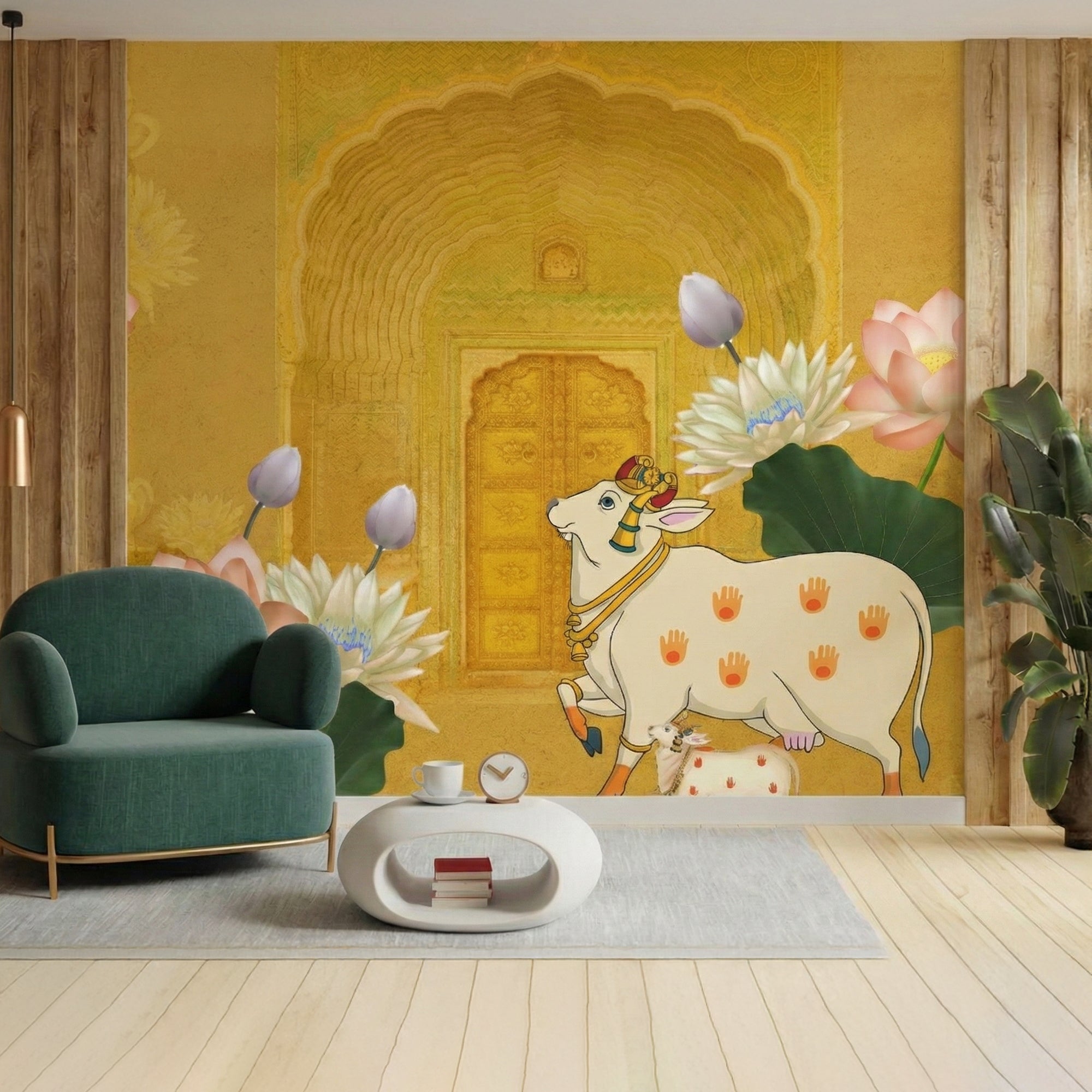 Sacred Cow & Lotus Pichwai Wallpaper – Golden Indian Ethnic Wall Mural
