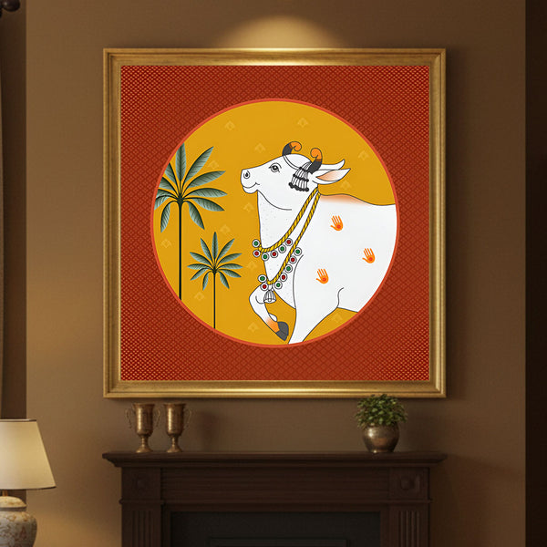 Sacred Cow Folk Art Wall Painting by Krutik – Indian Heritage Decor