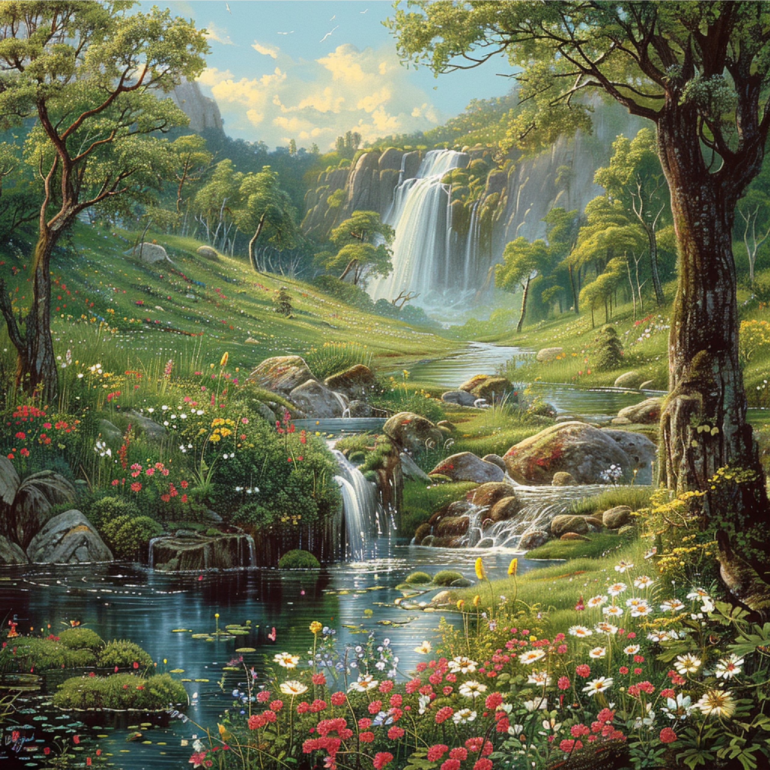 Secret Cascade and Blossoming Wildflowers Painting by Krutik – Tranquil Glade Nature Art