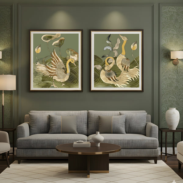 Kalamkari Peacock Pair – Art Deco Nature Wall Art, Set of 2