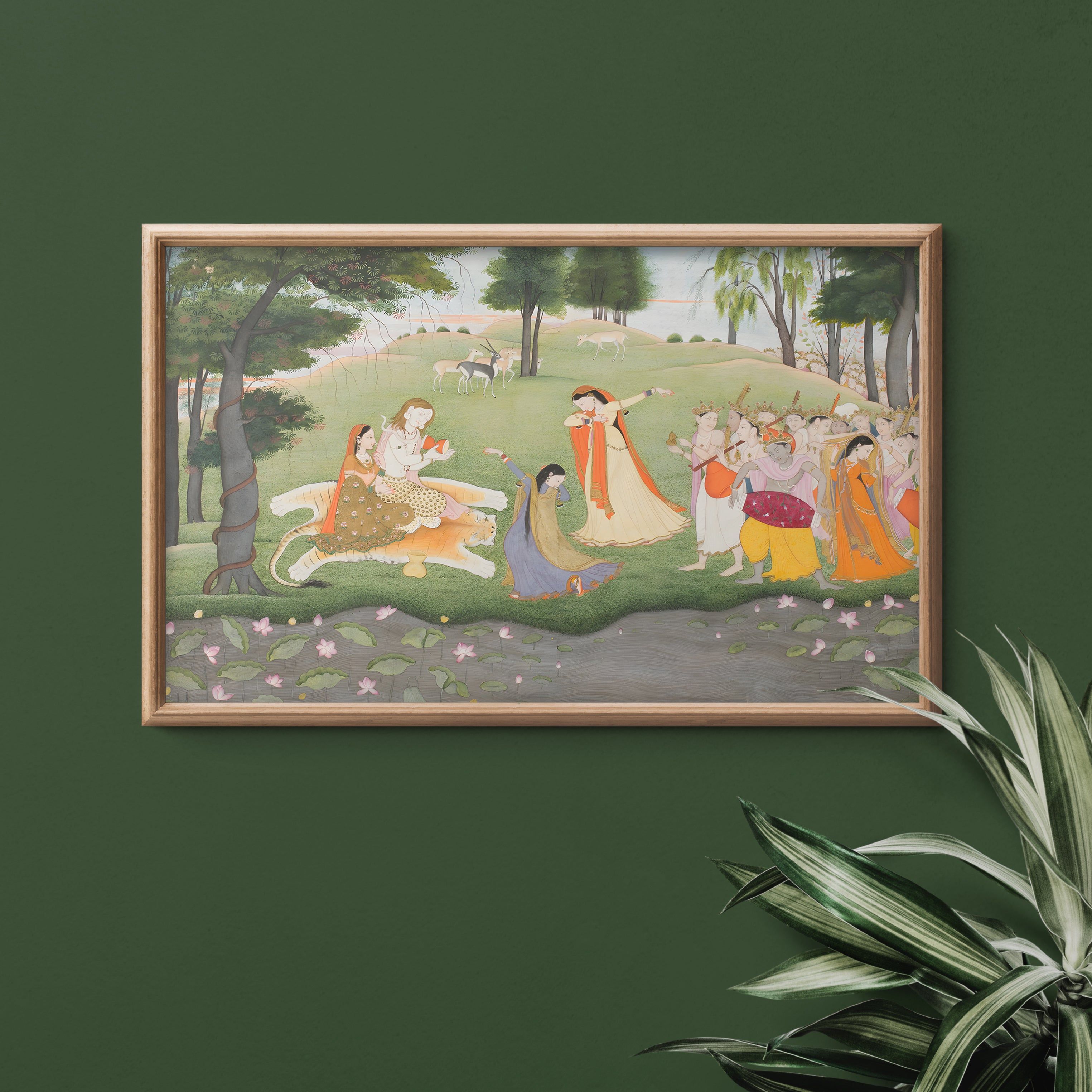Shiva Parvati and Devotees Forest Scene Painting by Krutik – Divine Blessings Wall Art