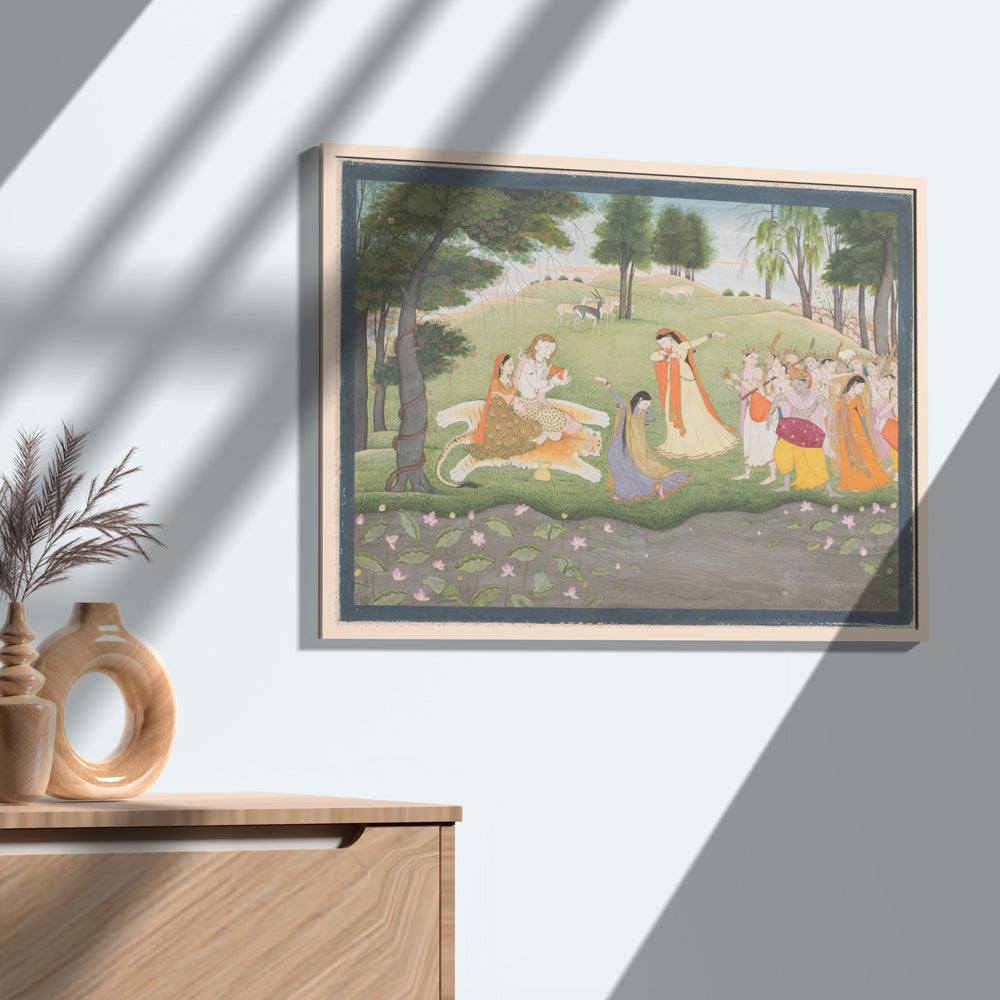 Shiva Parvati and Devotees Forest Scene Painting by Krutik – Divine Blessings Wall Art