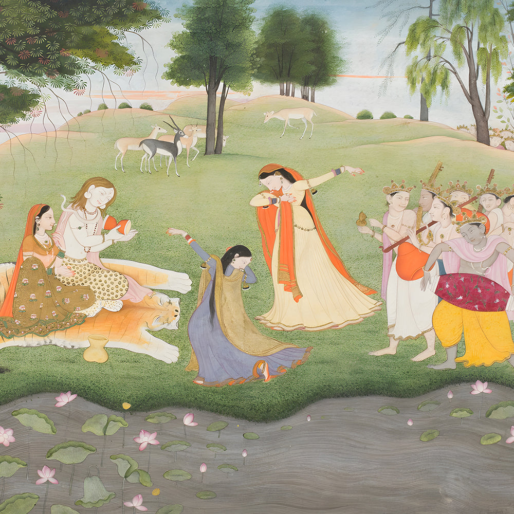 Shiva Parvati and Devotees Forest Scene Painting by Krutik – Divine Blessings Wall Art