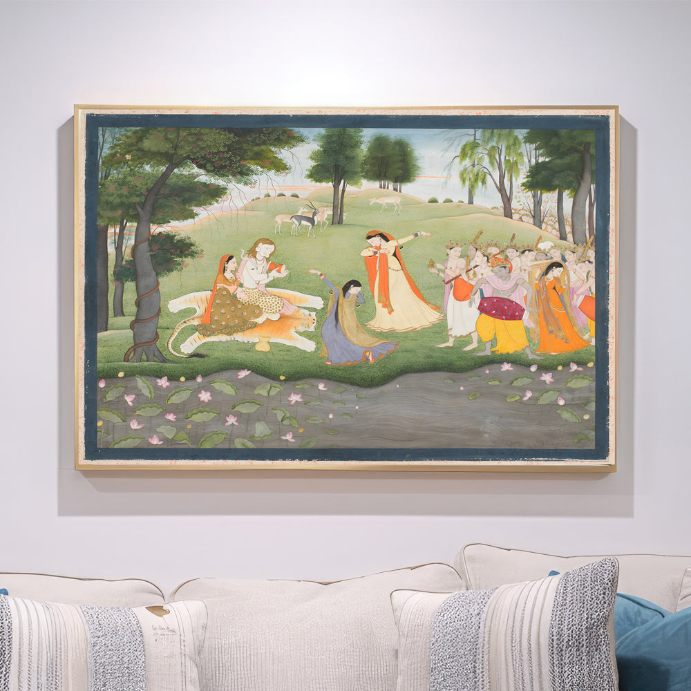 Shiva Parvati and Devotees Forest Scene Painting by Krutik – Divine Blessings Wall Art