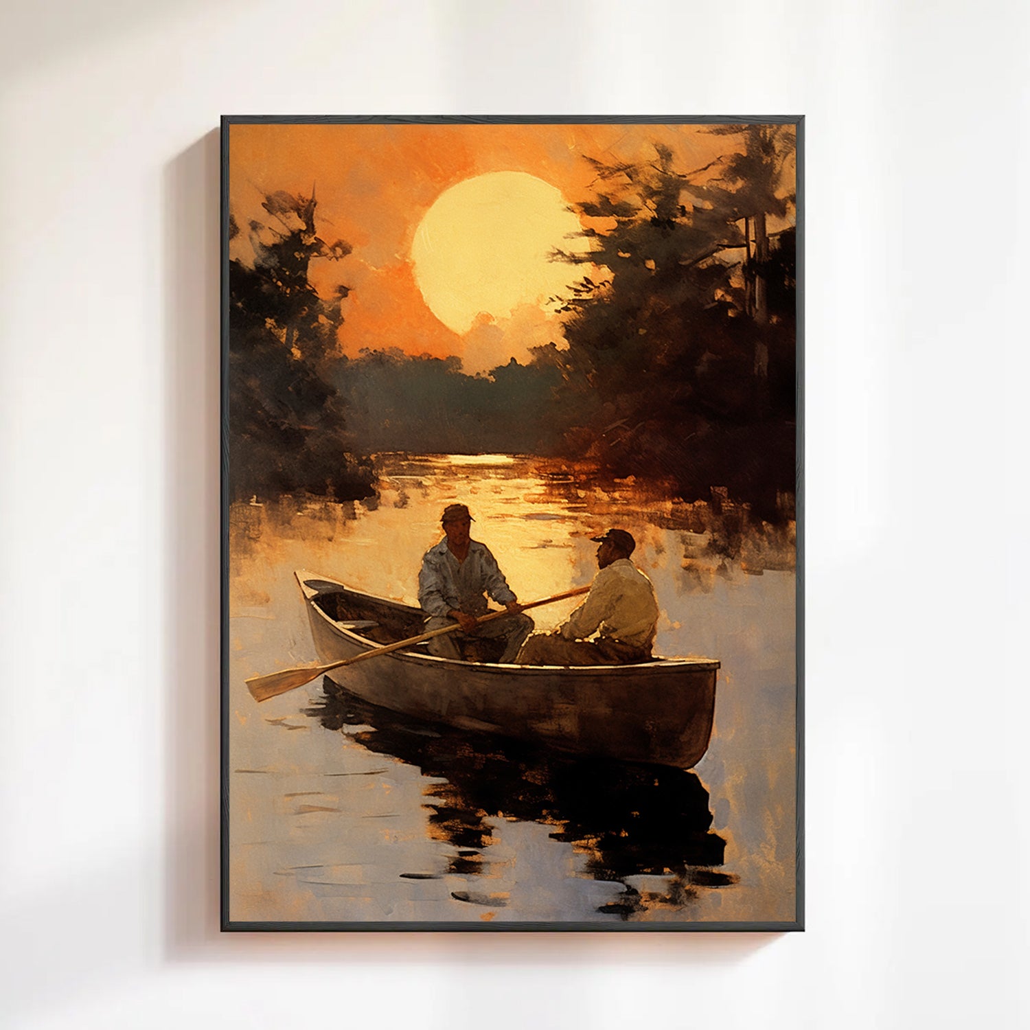 Sunset Rowing Canvas Painting – Serene River Wall Art for Home.