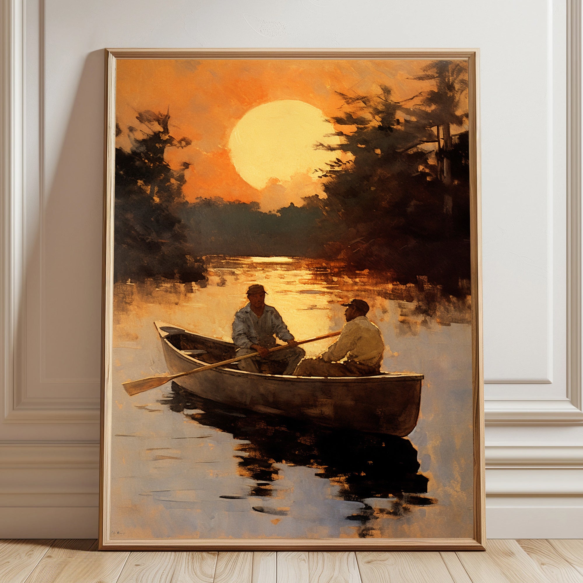 Sunset Rowing Canvas Painting – Serene River Wall Art for Home.