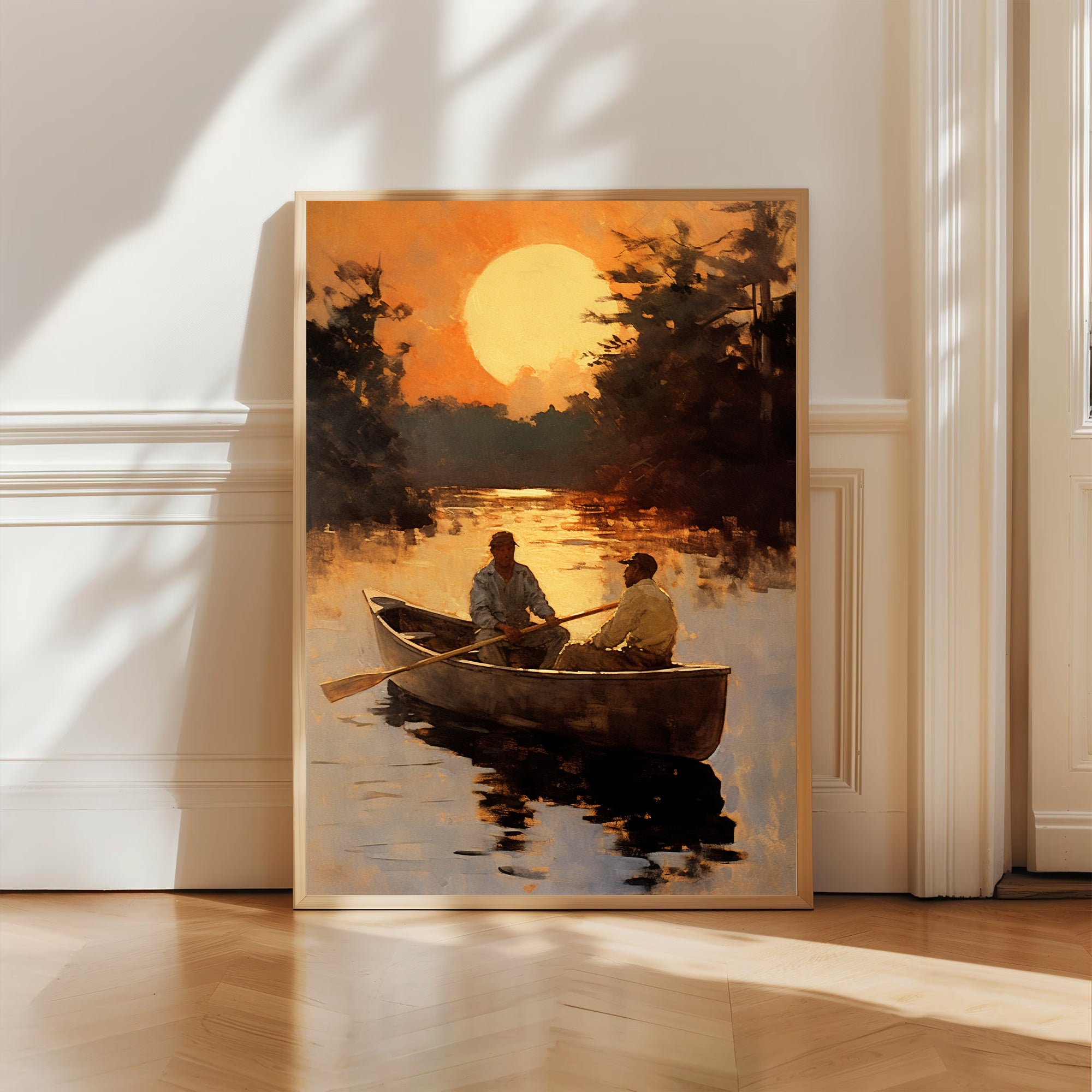 Sunset Rowing Canvas Painting – Serene River Wall Art for Home.