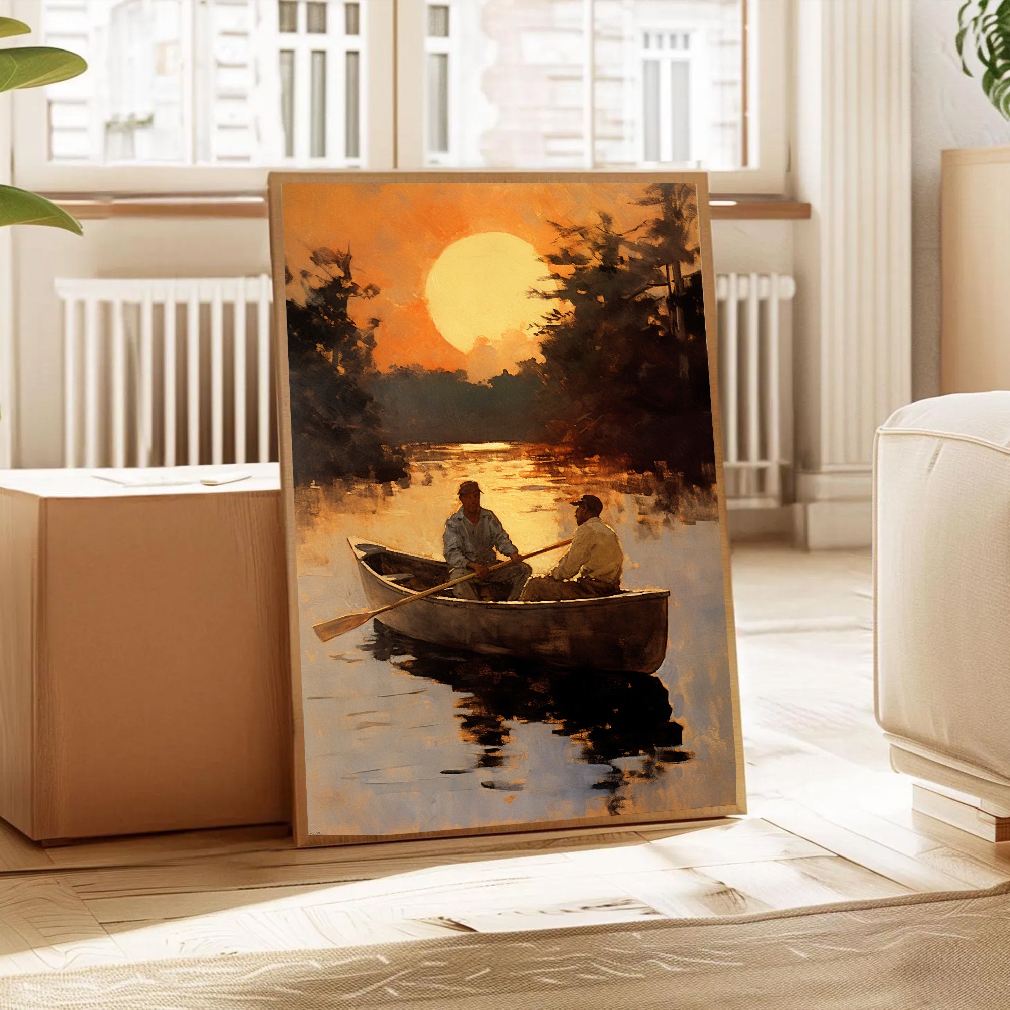 Sunset Rowing Canvas Painting – Serene River Wall Art for Home.