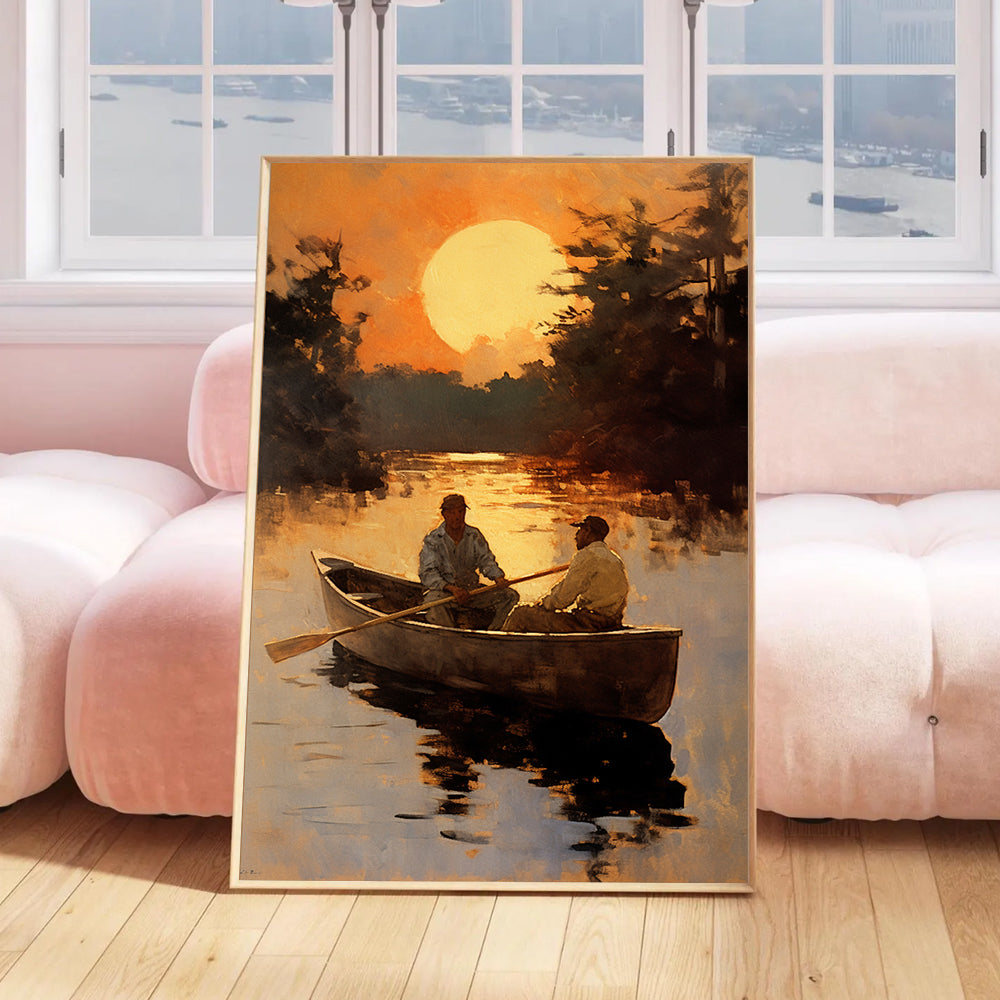 Sunset Rowing Canvas Painting – Serene River Wall Art for Home.