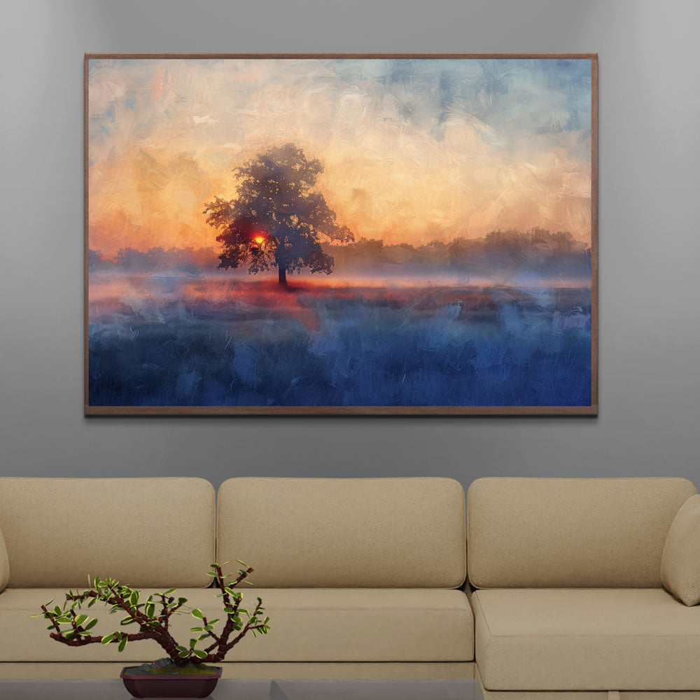 Sunset Tree Painting by Krutik – Serene Misty Evening Wall Art