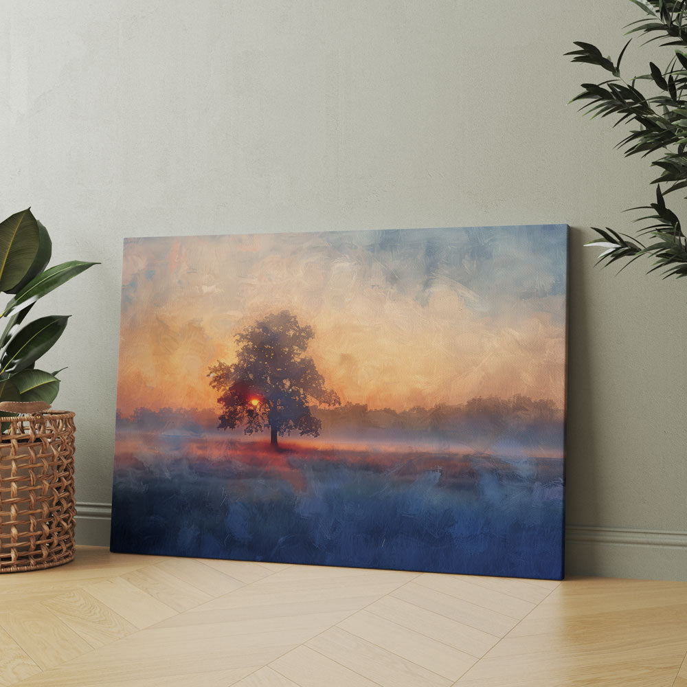 Sunset Tree Painting by Krutik – Serene Misty Evening Wall Art