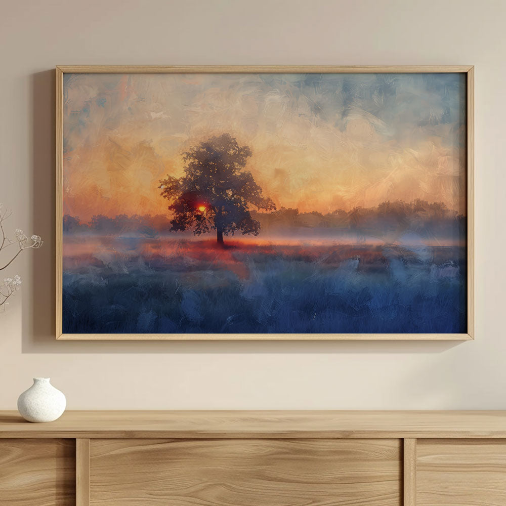 Sunset Tree Painting by Krutik – Serene Misty Evening Wall Art