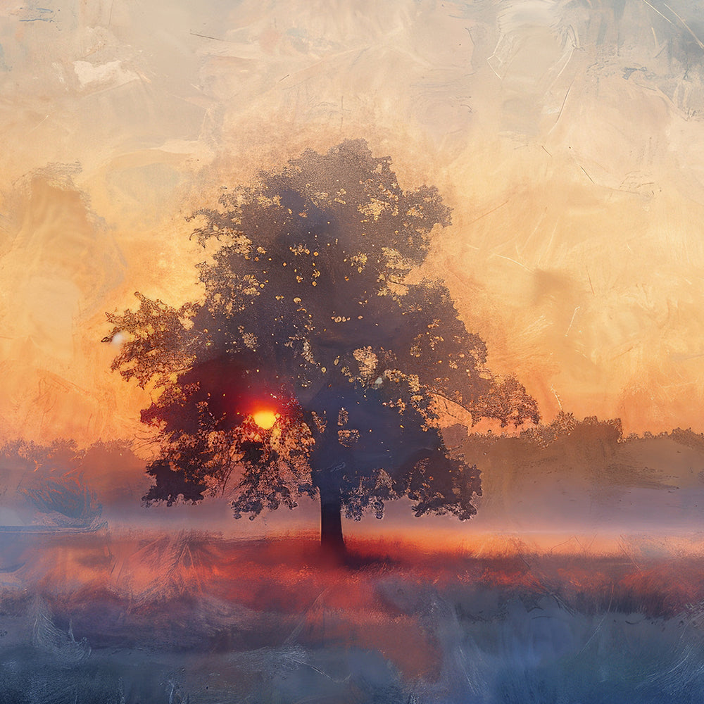 Sunset Tree Painting by Krutik – Serene Misty Evening Wall Art