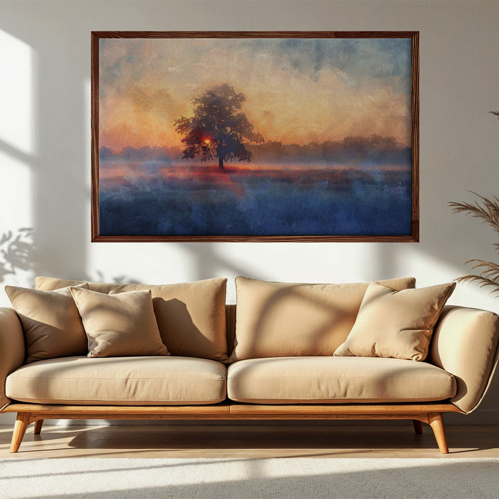 Sunset Tree Painting by Krutik – Serene Misty Evening Wall Art
