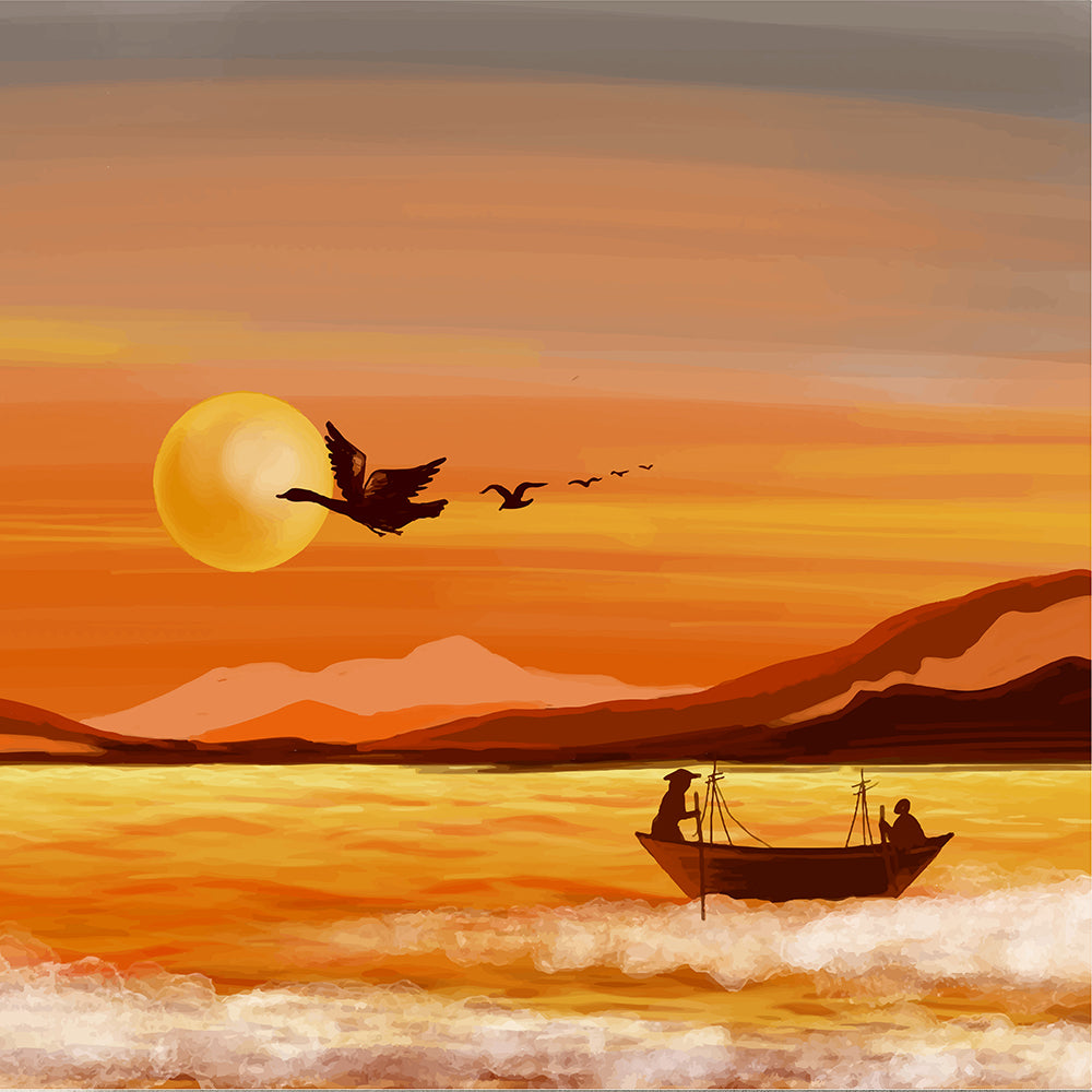 Sunset Lake Painting by Krutik – Serene Orange Sky Art