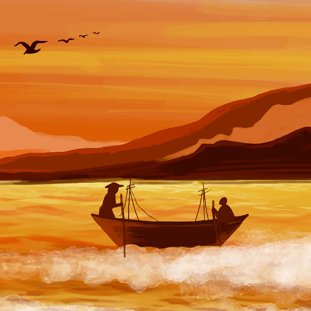 Sunset Lake Painting by Krutik – Serene Orange Sky Art