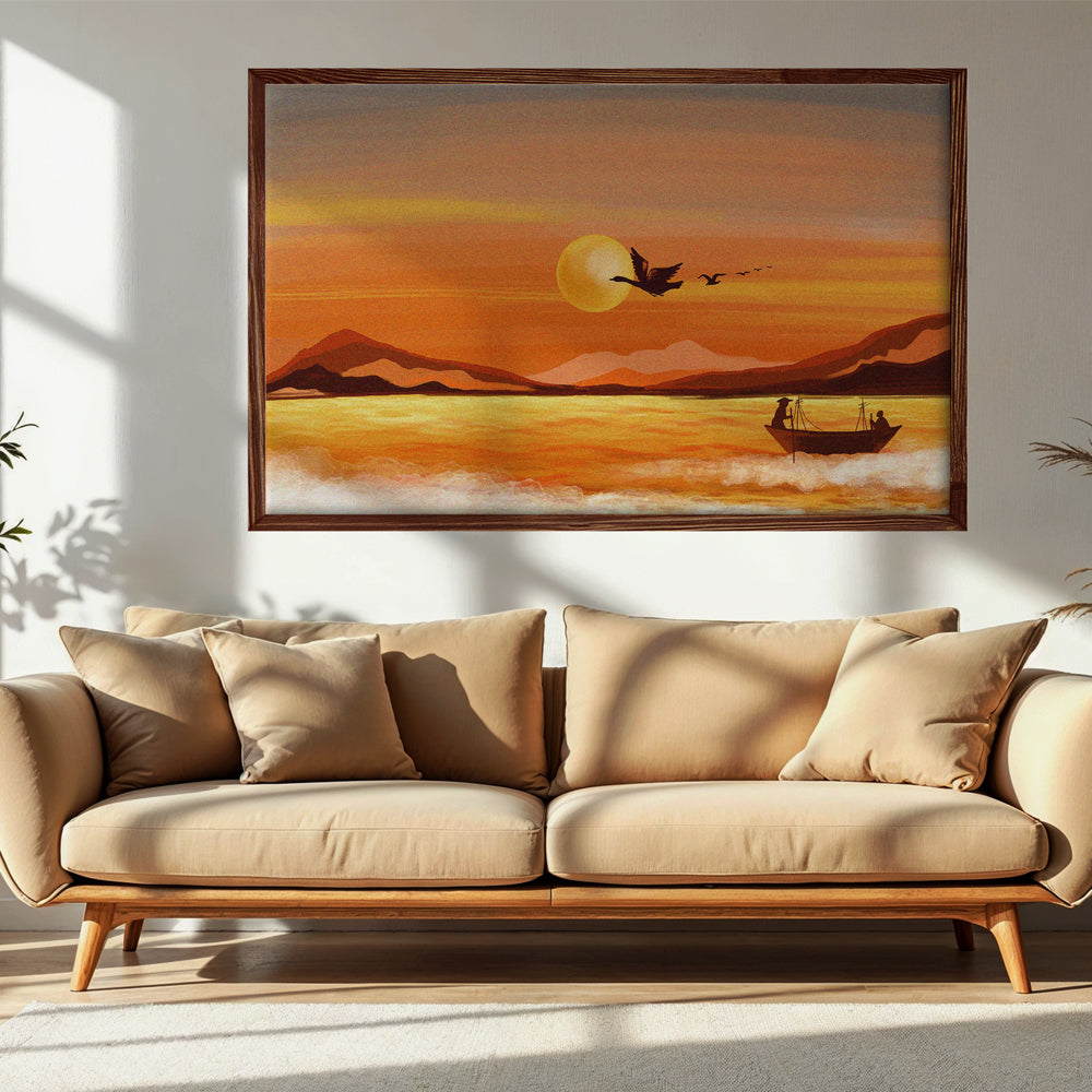 Sunset Lake Painting by Krutik – Serene Orange Sky Art