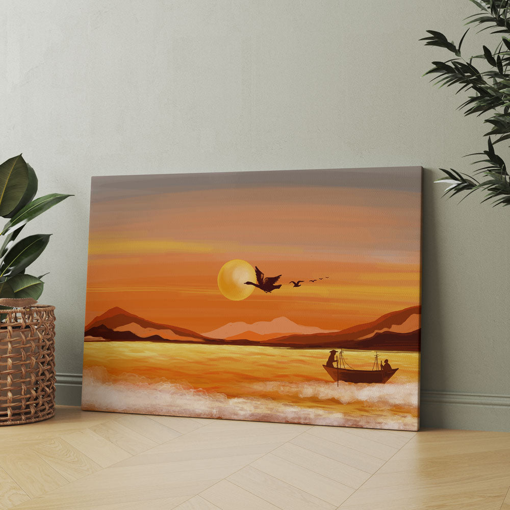 Sunset Lake Painting by Krutik – Serene Orange Sky Art