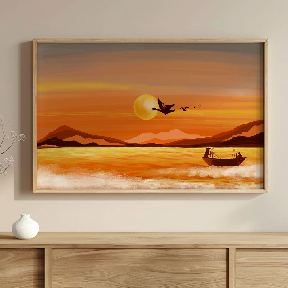 Sunset Lake Painting by Krutik – Serene Orange Sky Art