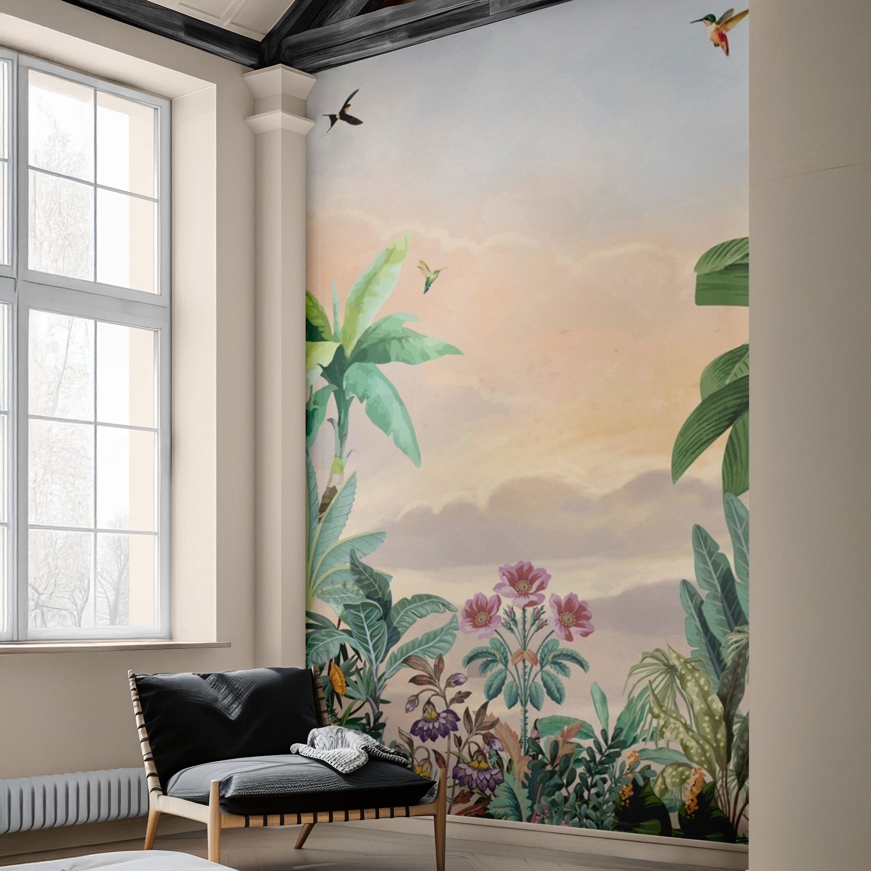 Tropical Garden Birds Wallpaper – Vibrant Nature Mural for Modern Homes