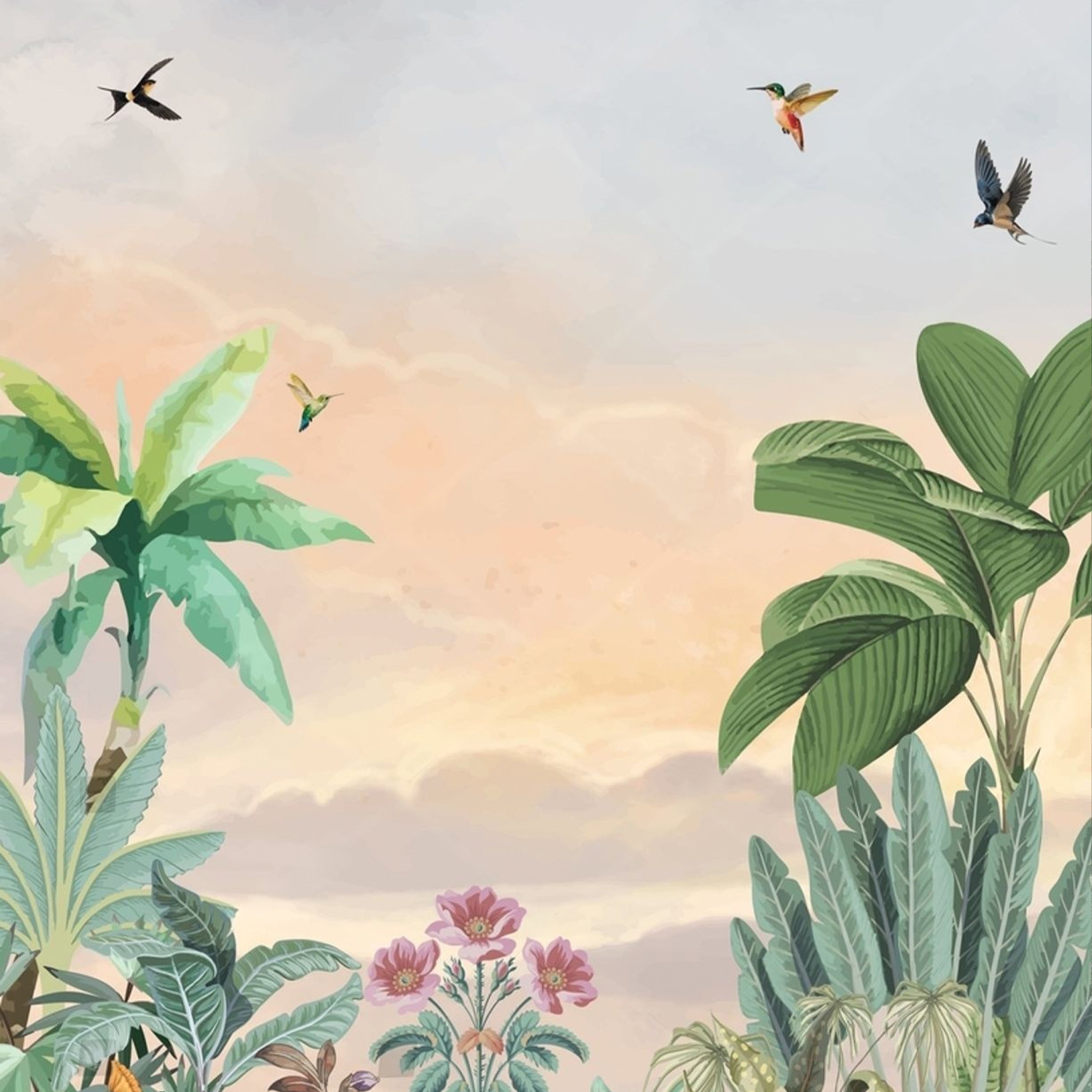 Tropical Garden Birds Wallpaper – Vibrant Nature Mural for Modern Homes