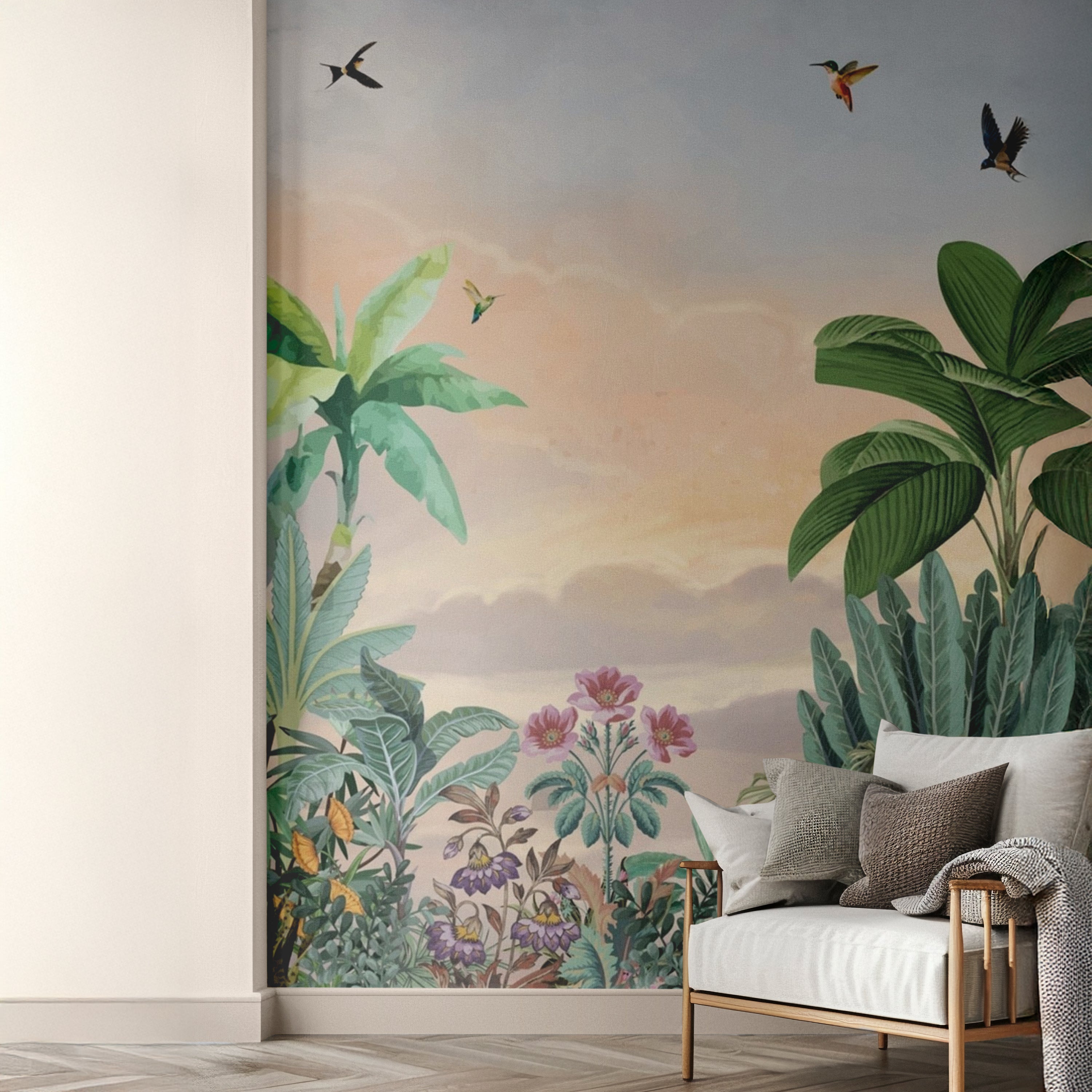 Tropical Garden Birds Wallpaper – Vibrant Nature Mural for Modern Homes