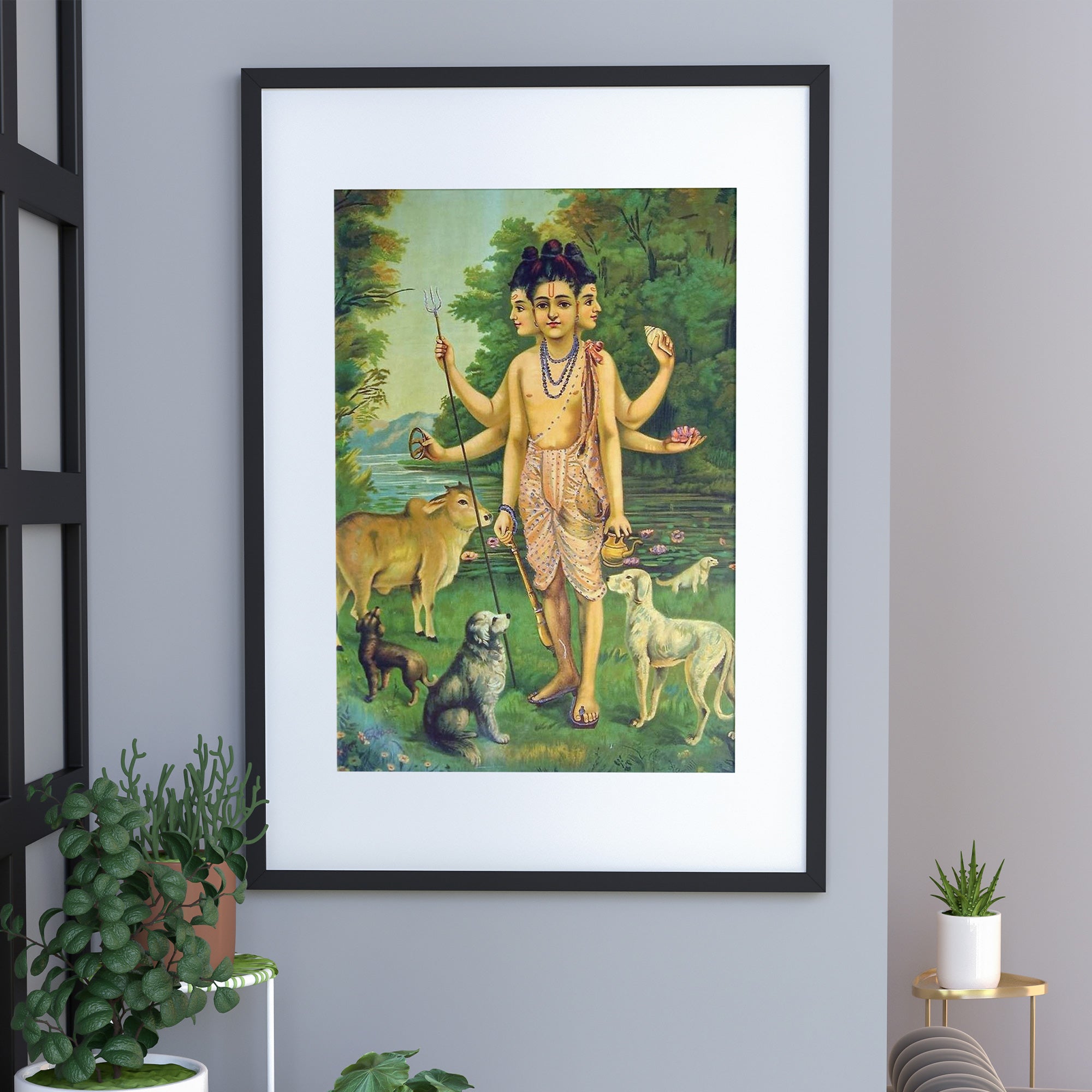Raja Ravi Varma | Lord Dattatreya Sacred Wall Art Painting | Indian Heritage Wall Decor | Krutik