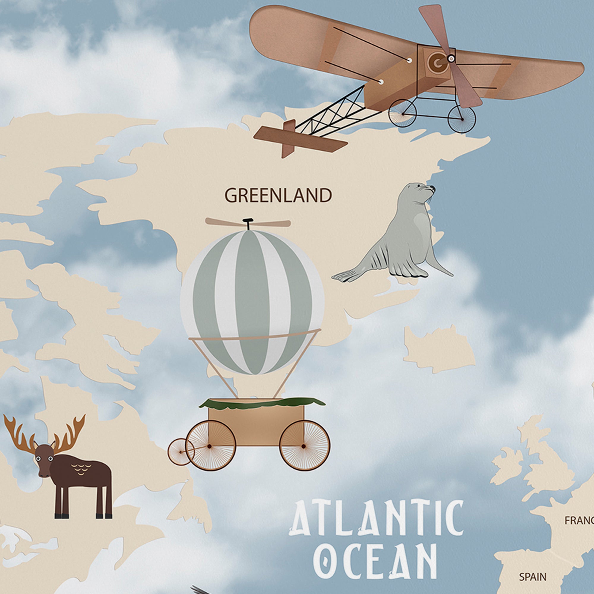 Whimsical World Explorer – Animal & Balloon Map Wallpaper for Kids
