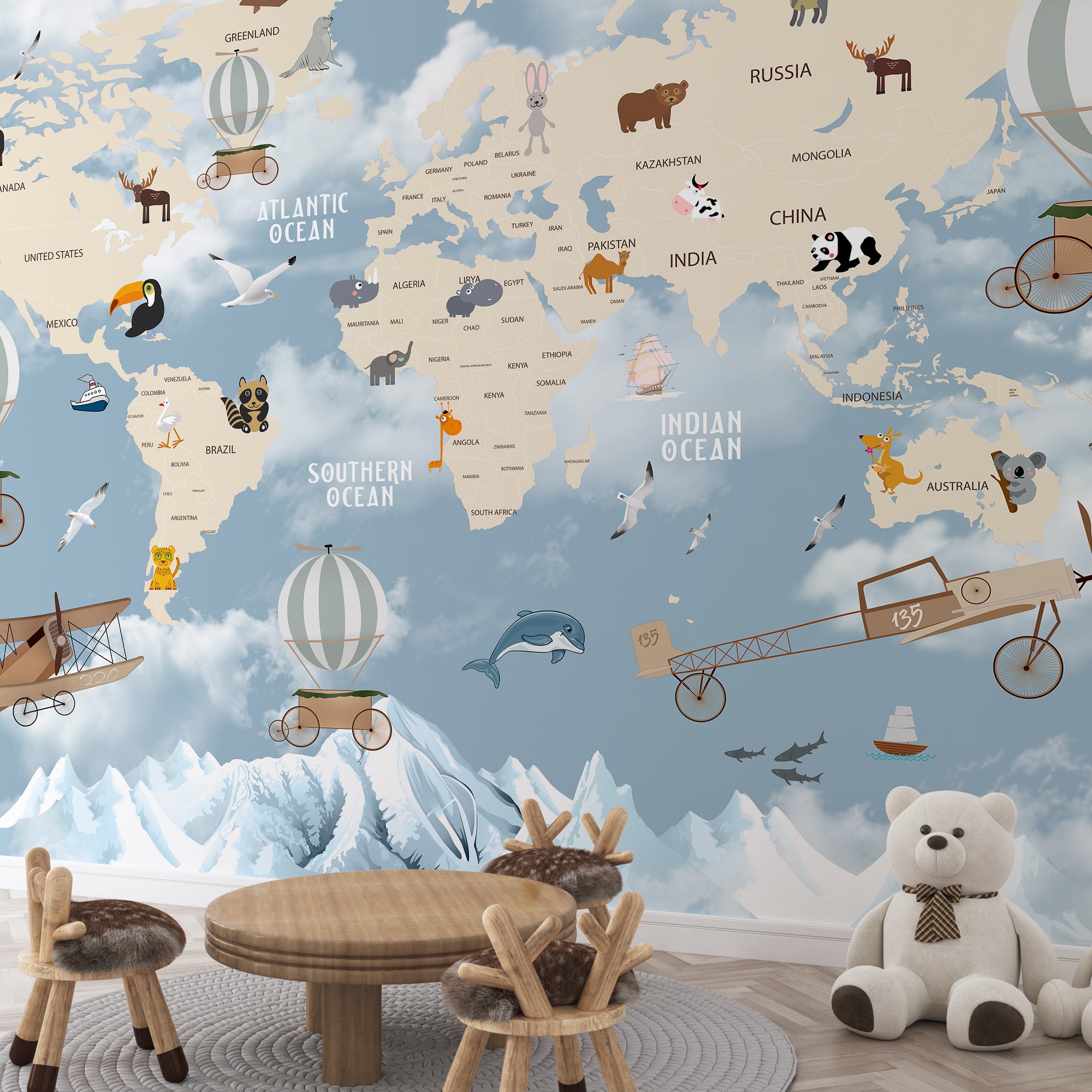 Whimsical World Explorer – Animal & Balloon Map Wallpaper for Kids