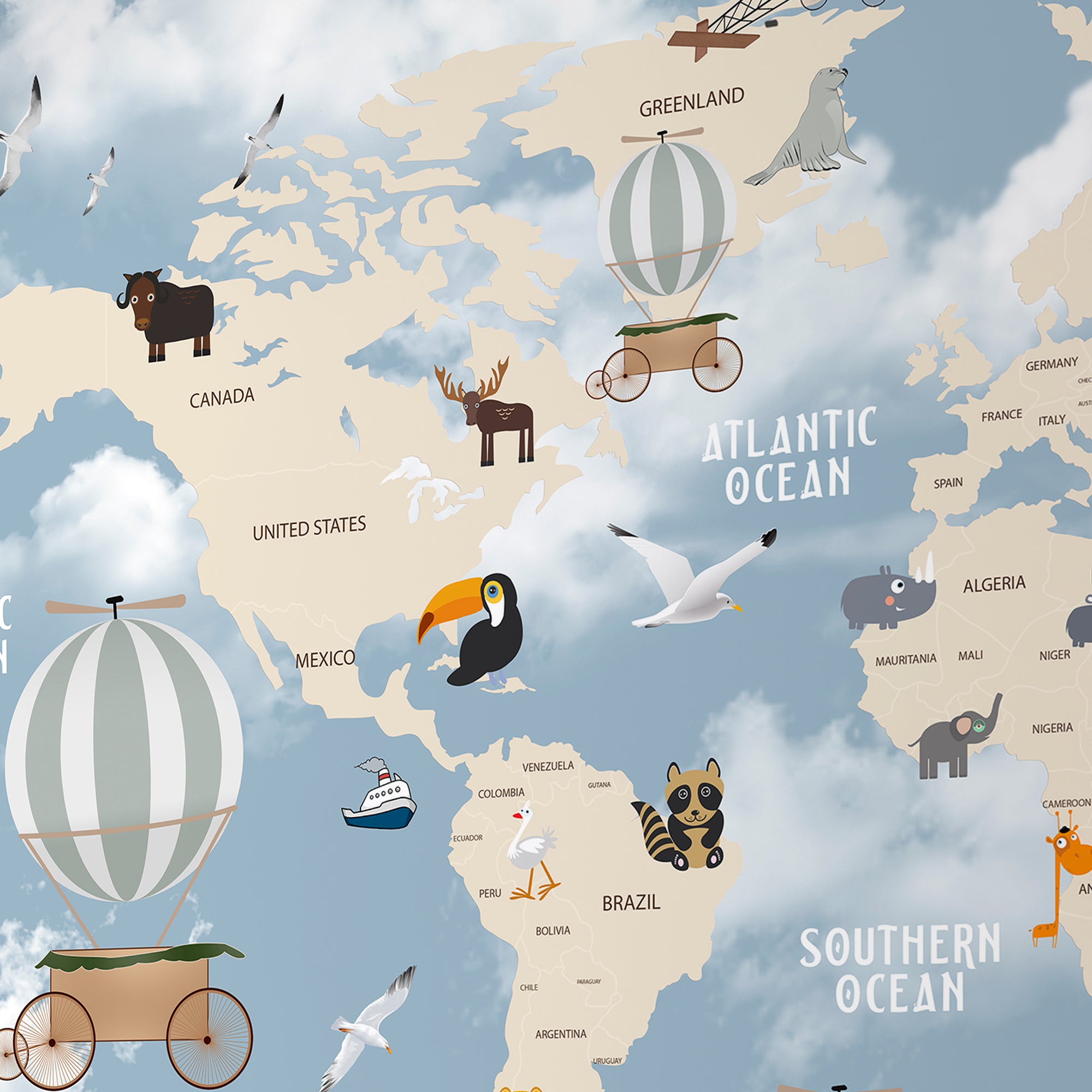 Whimsical World Explorer – Animal & Balloon Map Wallpaper for Kids