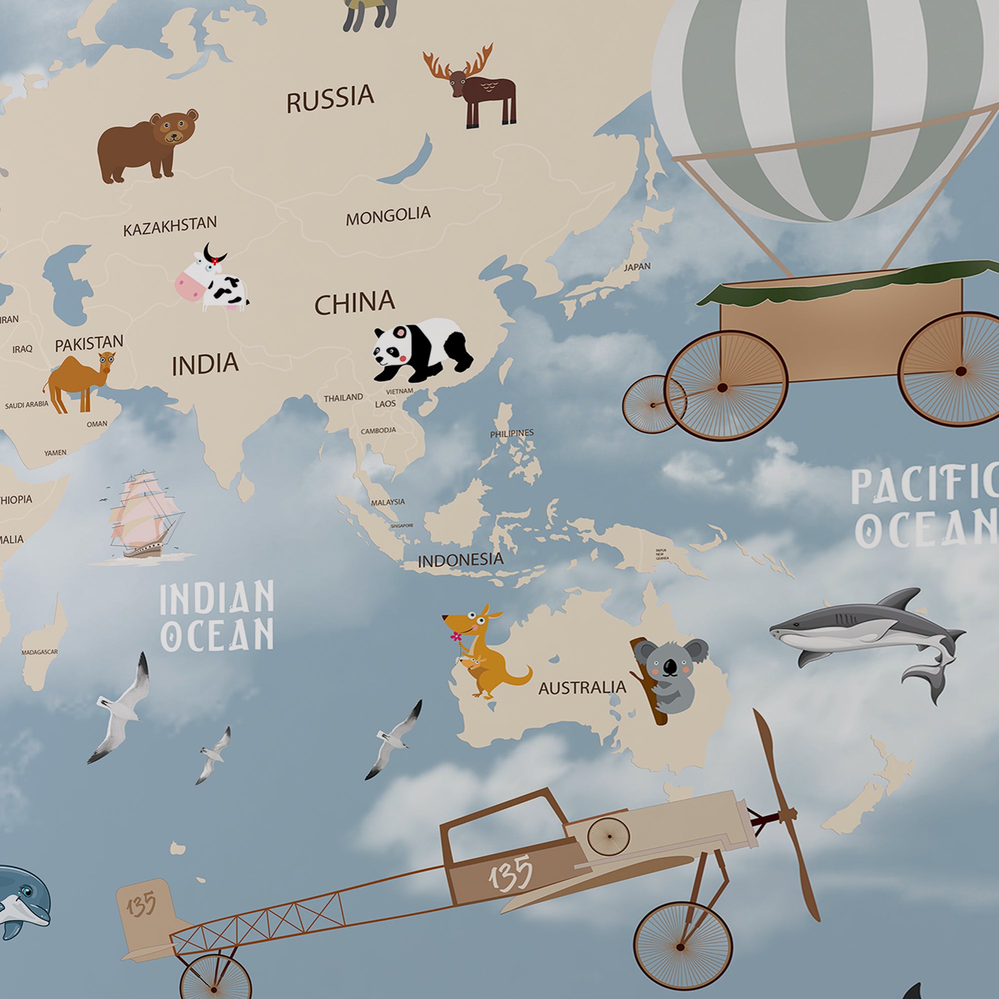 Whimsical World Explorer – Animal & Balloon Map Wallpaper for Kids