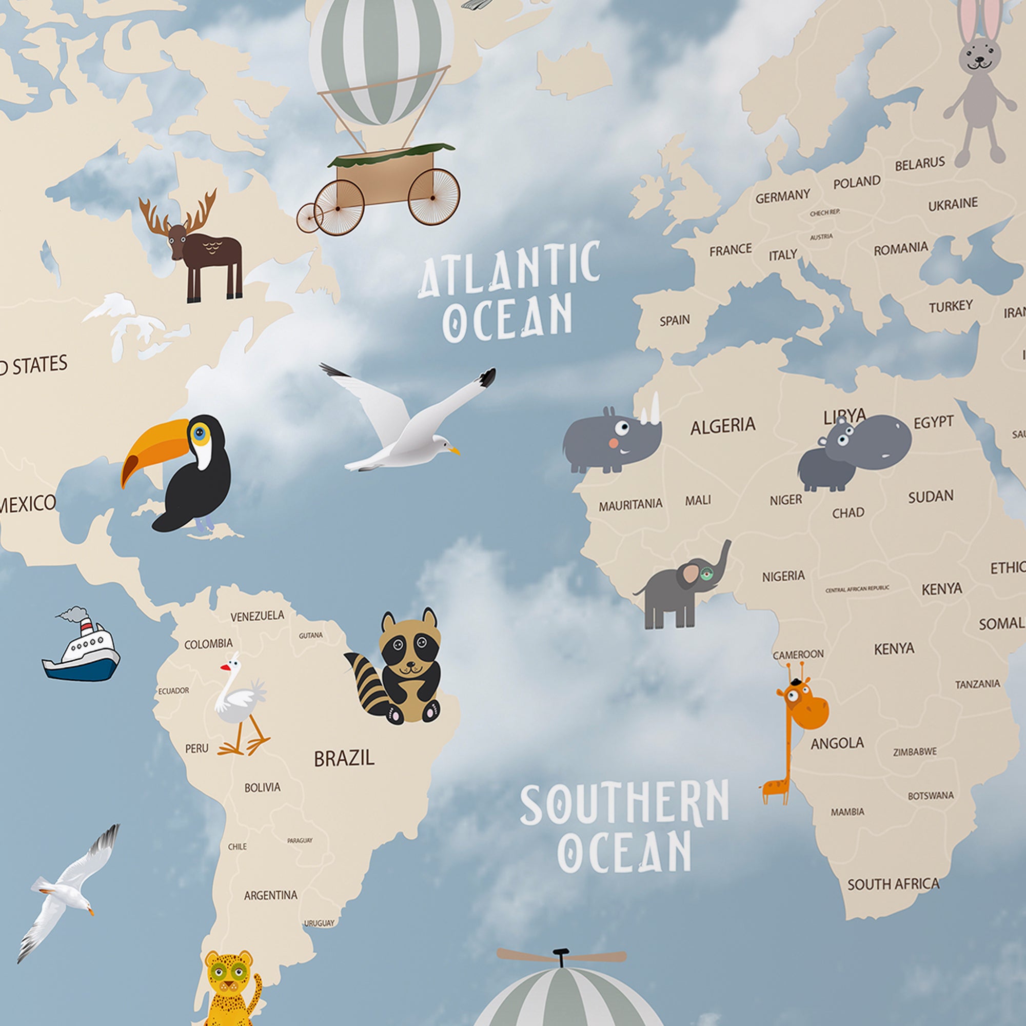 Whimsical World Explorer – Animal & Balloon Map Wallpaper for Kids