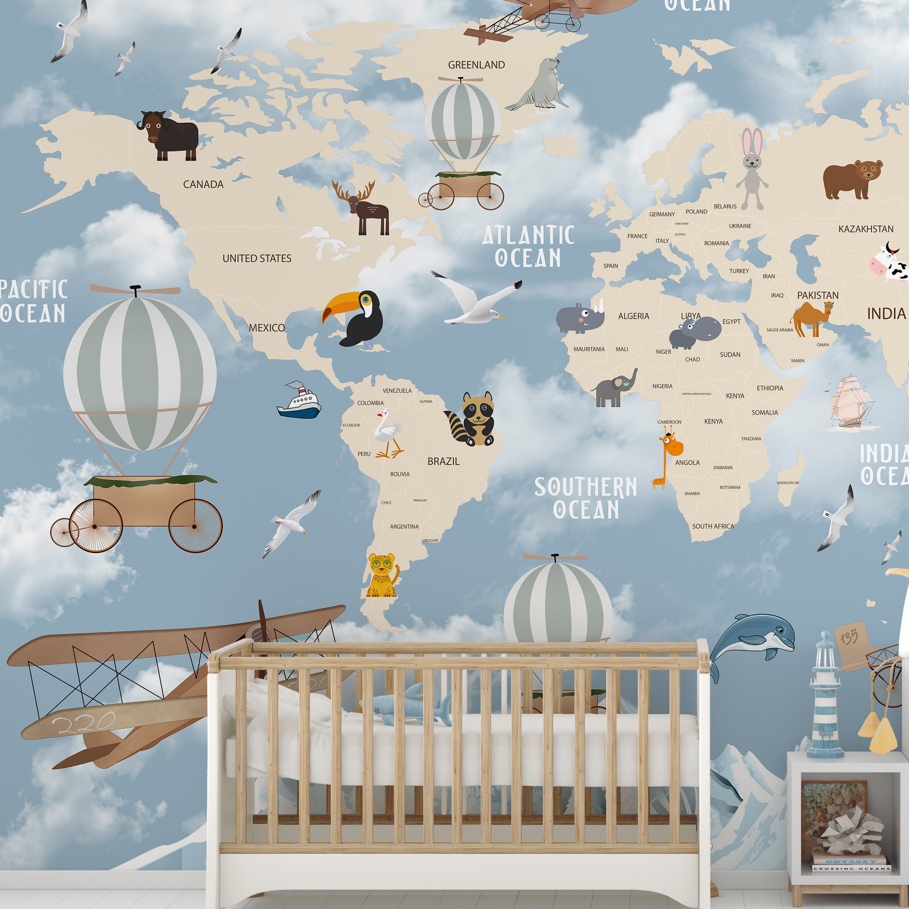 Whimsical World Explorer – Animal & Balloon Map Wallpaper for Kids