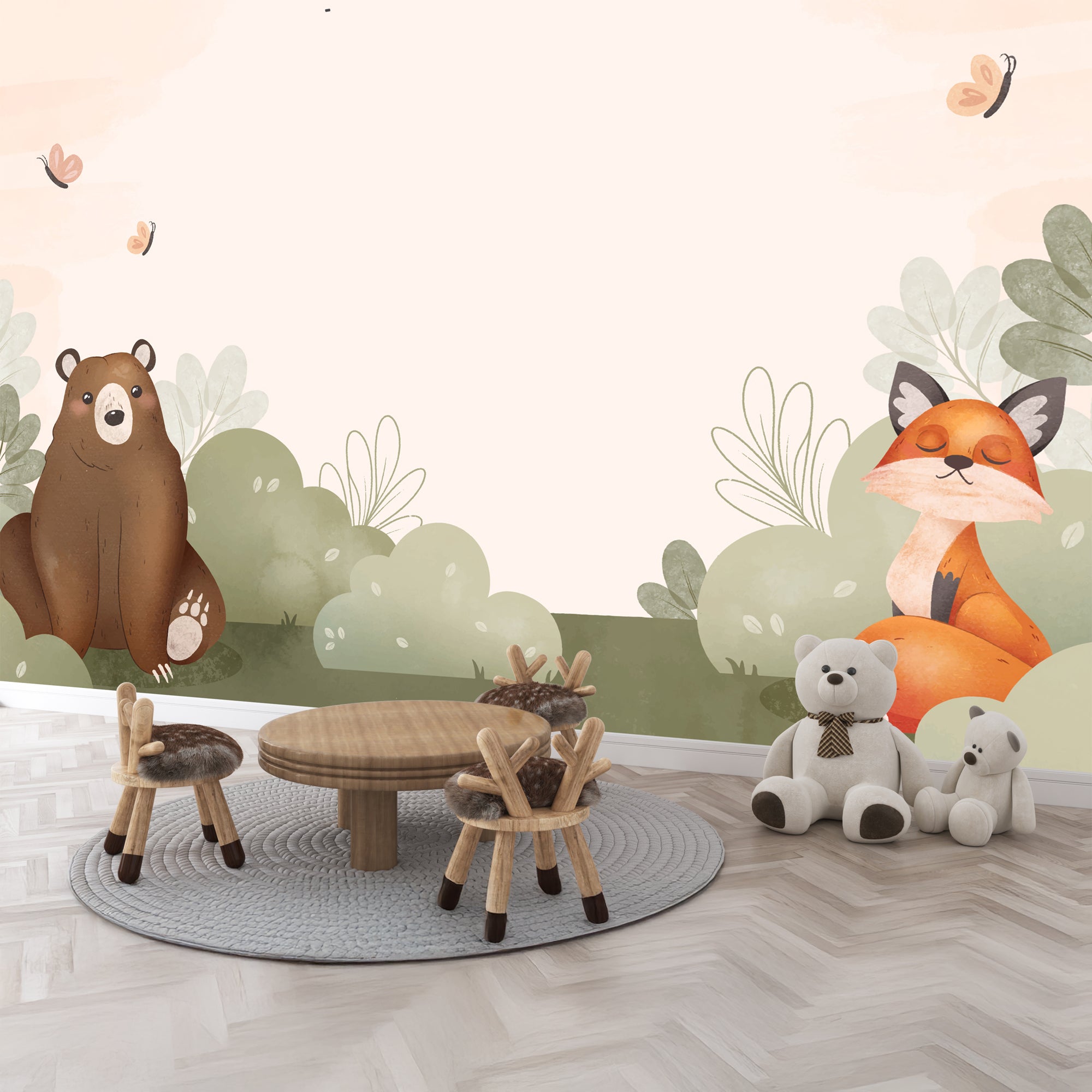 Bear & Fox Calm Forest – Gentle Woodland Wallpaper for Kids