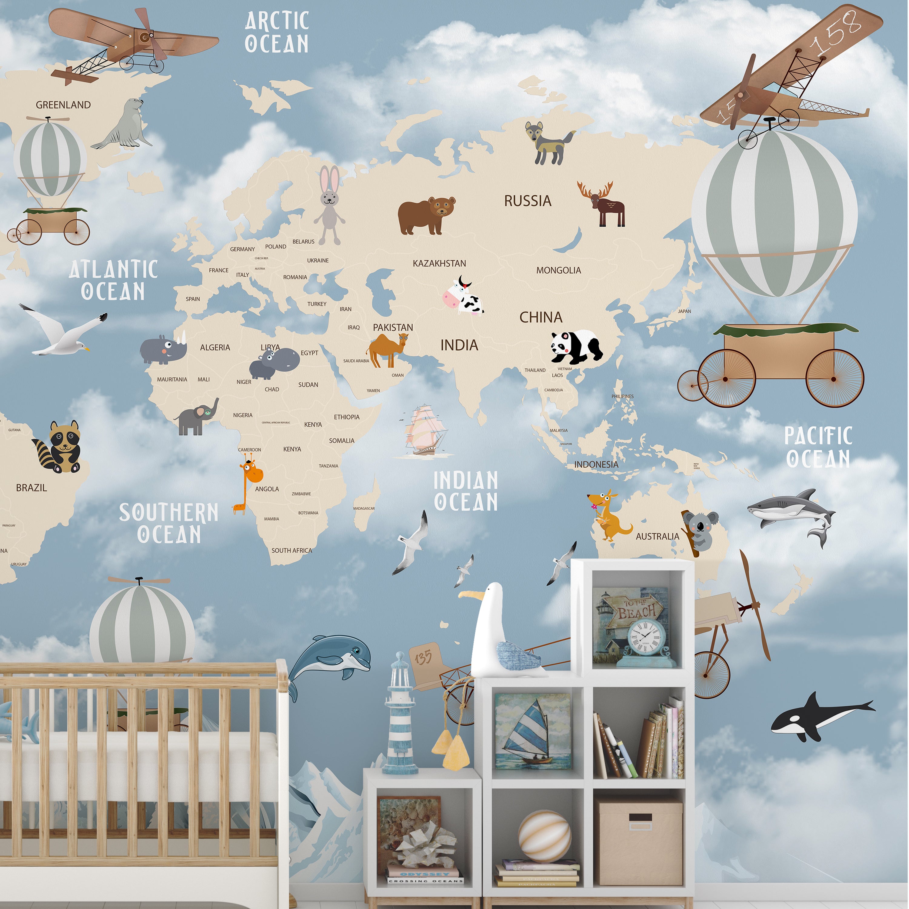 Whimsical World Explorer – Animal & Balloon Map Wallpaper for Kids