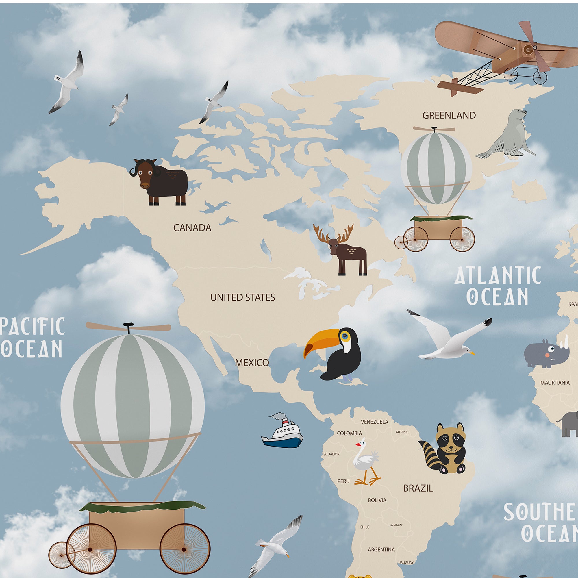 Whimsical World Explorer – Animal & Balloon Map Wallpaper for Kids