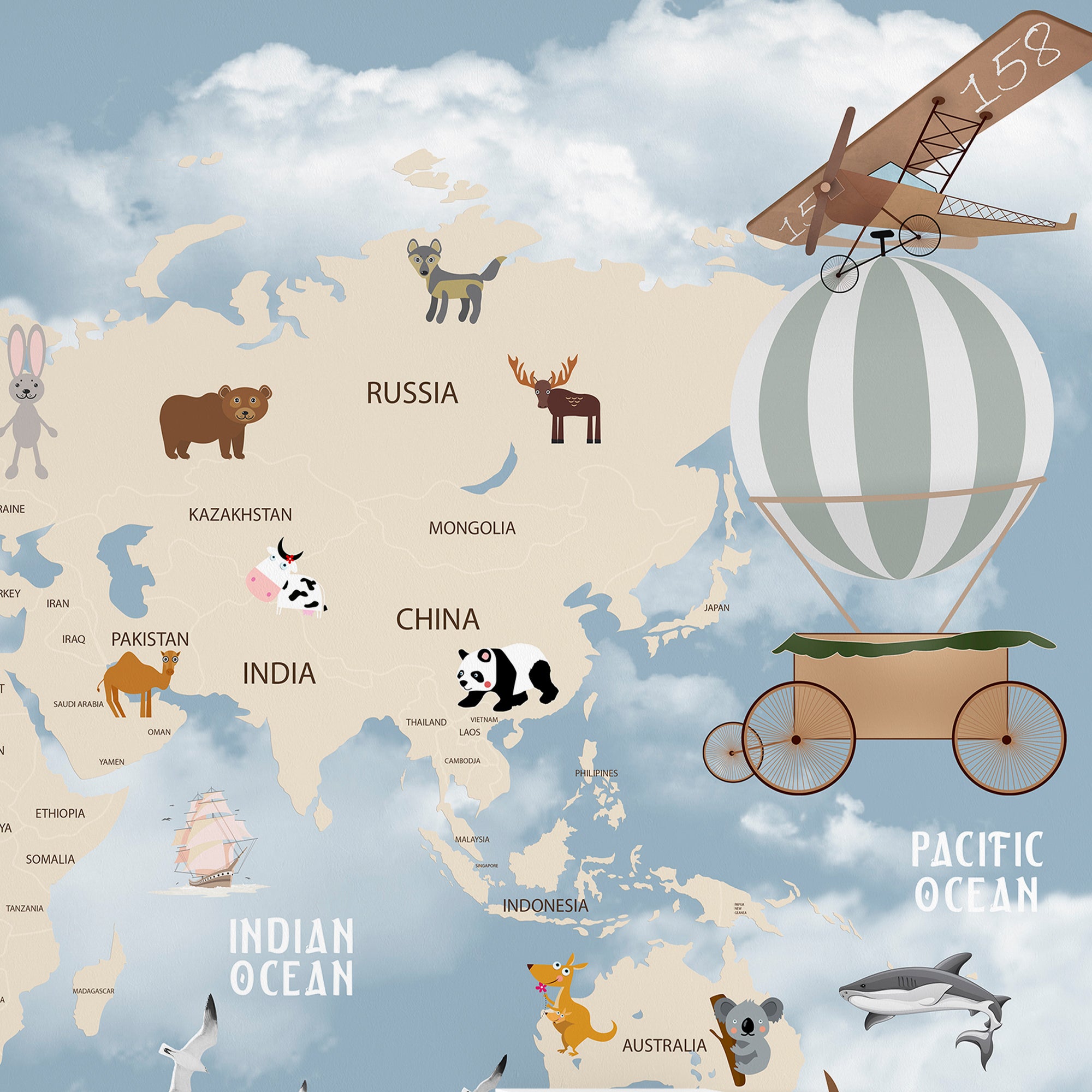 Whimsical World Explorer – Animal & Balloon Map Wallpaper for Kids