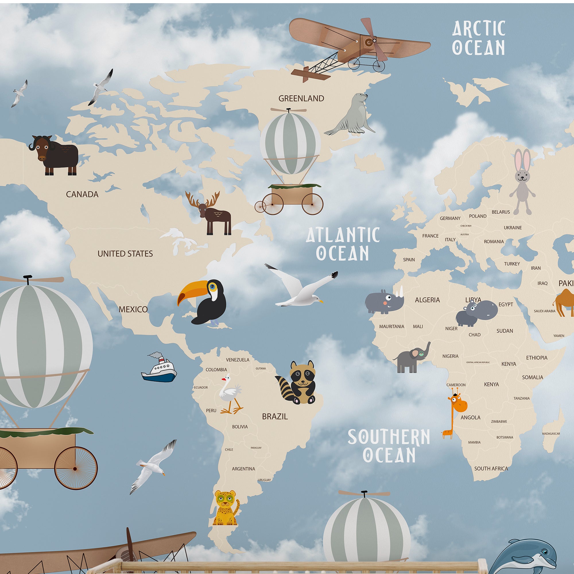 Whimsical World Explorer – Animal & Balloon Map Wallpaper for Kids