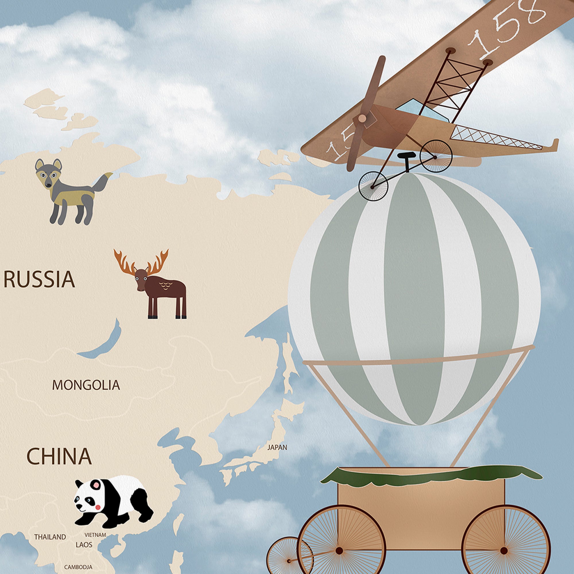 Whimsical World Explorer – Animal & Balloon Map Wallpaper for Kids