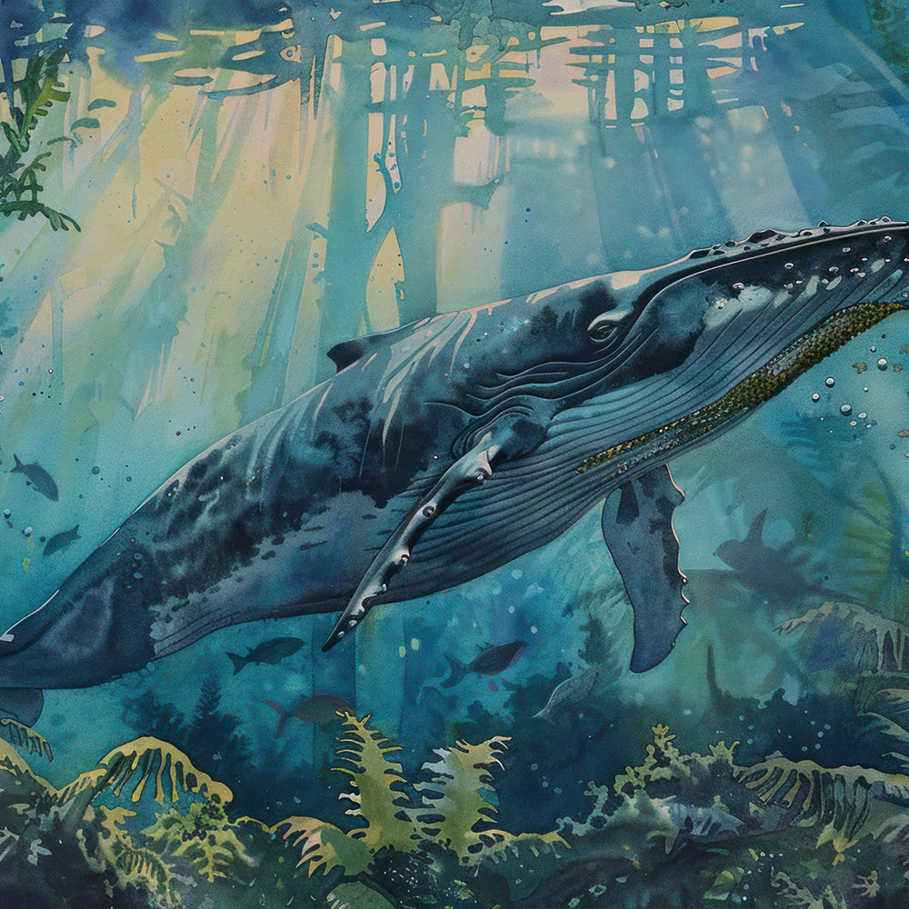 Underwater Whale Watercolor Painting by Krutik – Ocean Marine Life Wall Art