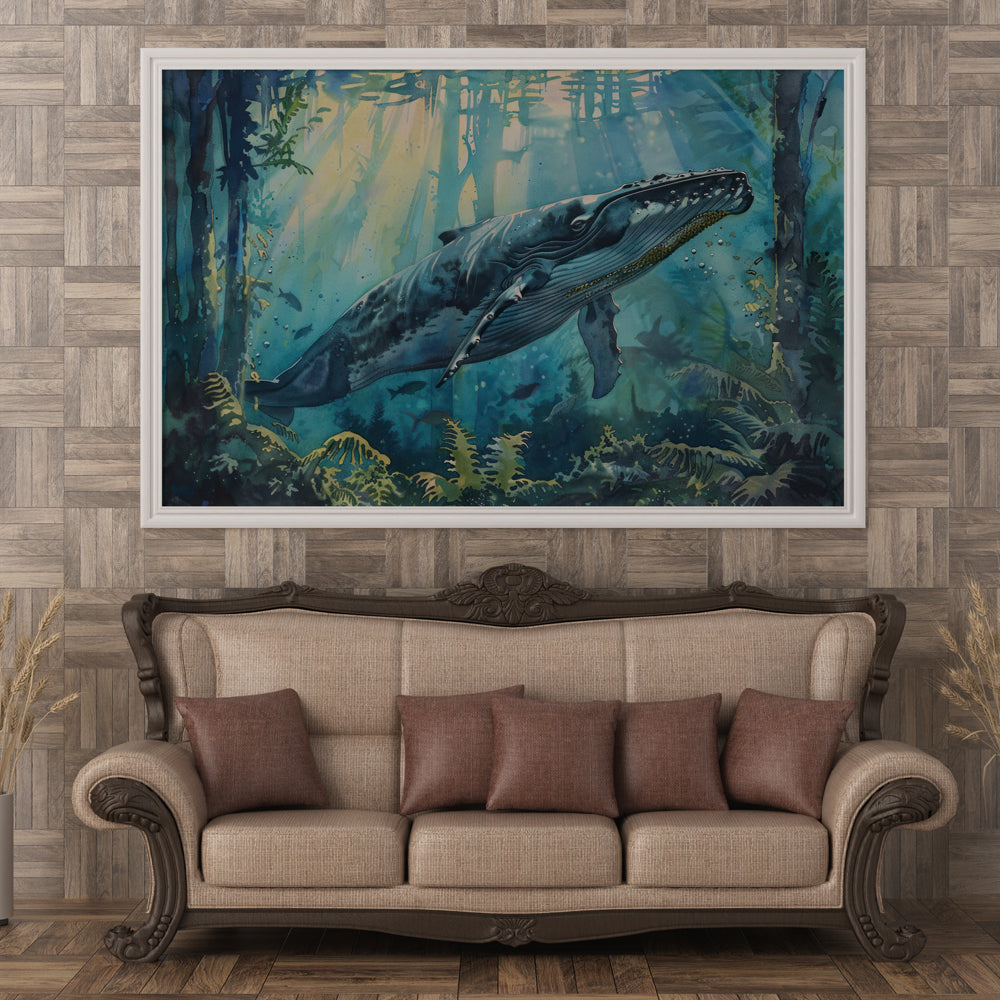 Underwater Whale Watercolor Painting by Krutik – Ocean Marine Life Wall Art