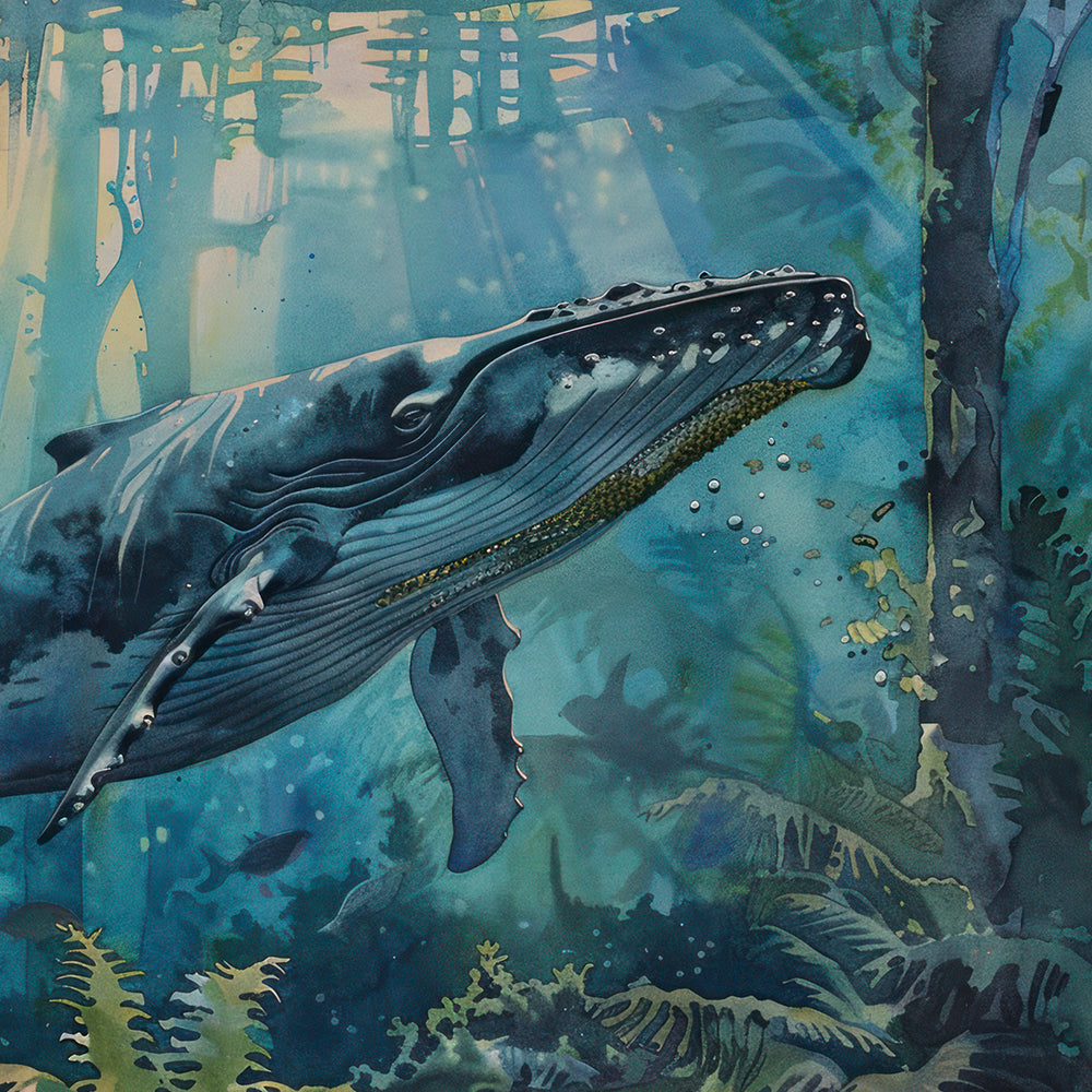 Underwater Whale Watercolor Painting by Krutik – Ocean Marine Life Wall Art