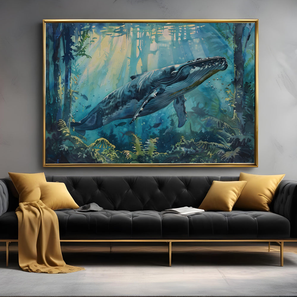 Underwater Whale Watercolor Painting by Krutik – Ocean Marine Life Wall Art