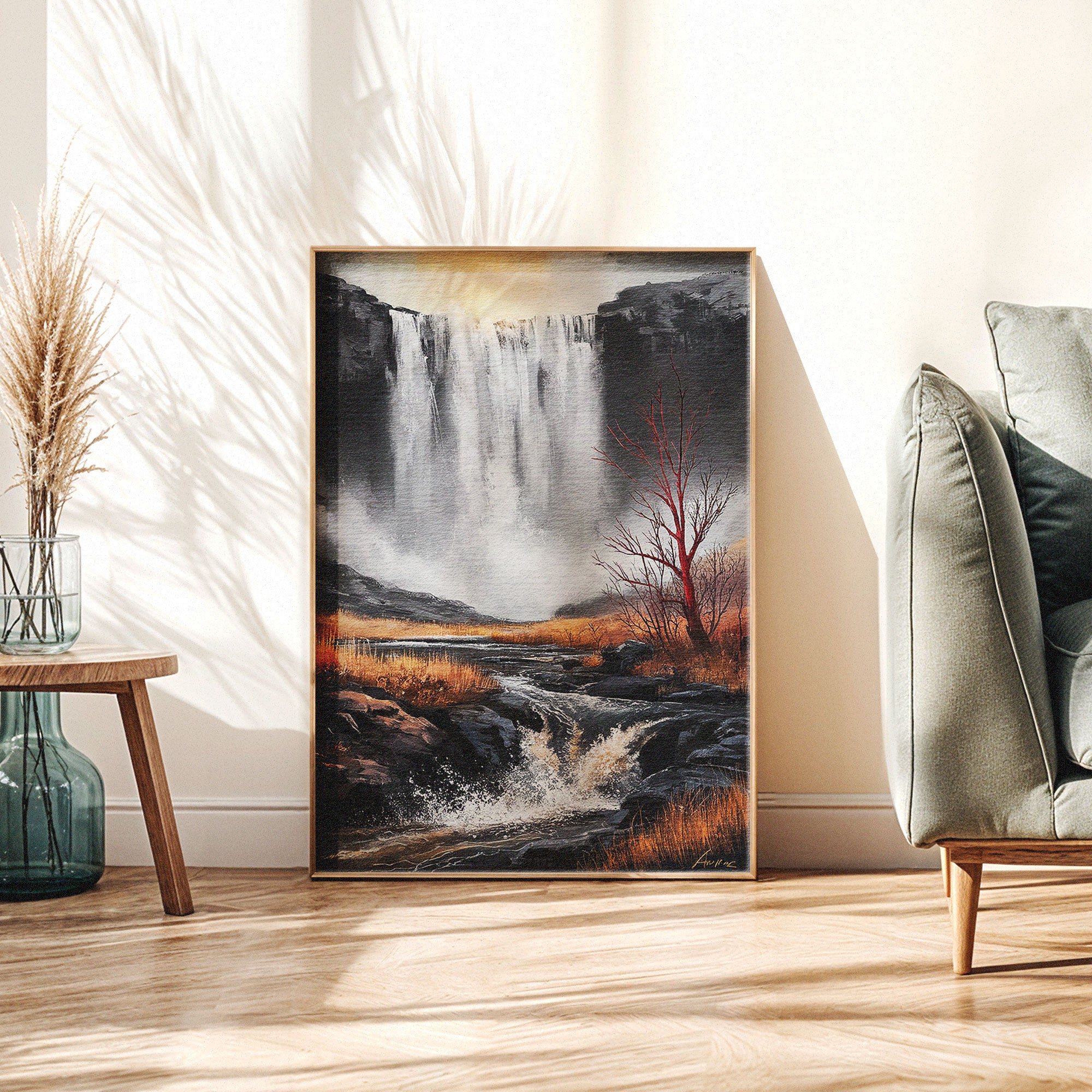 Dramatic Waterfall Wall Art by Krutik – Modern Nature Landscape Painting