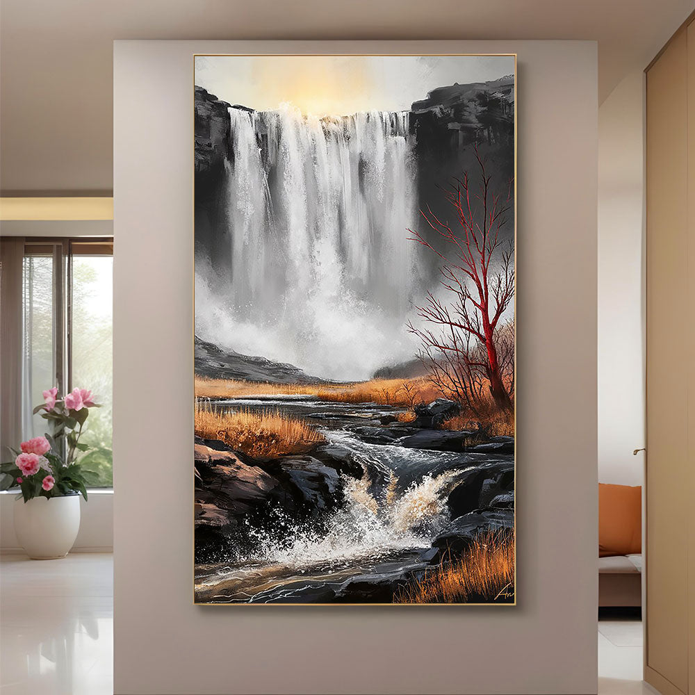 Dramatic Waterfall Wall Art by Krutik – Modern Nature Landscape Painting