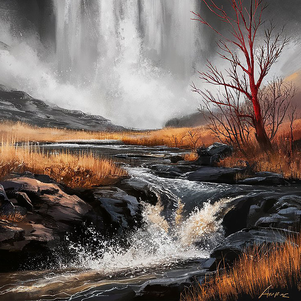 Dramatic Waterfall Wall Art by Krutik – Modern Nature Landscape Painting