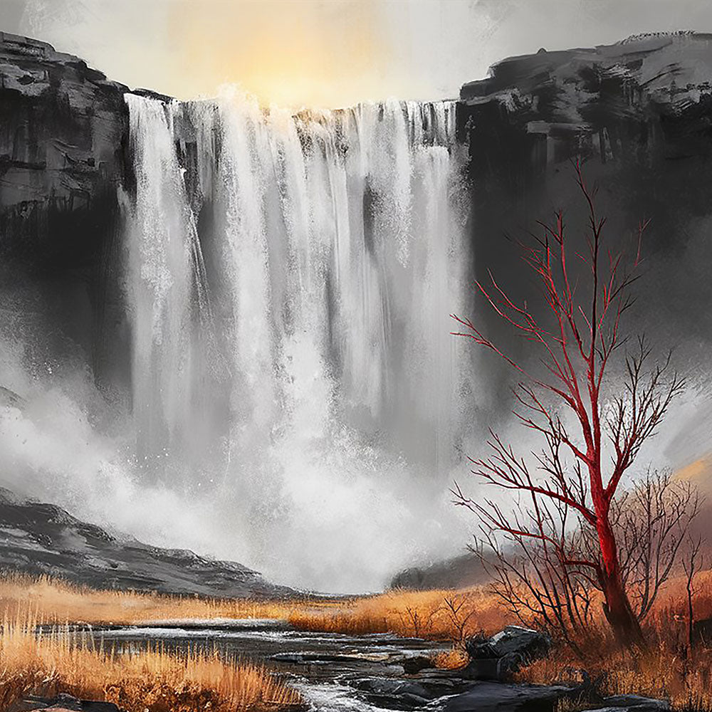 Dramatic Waterfall Wall Art by Krutik – Modern Nature Landscape Painting