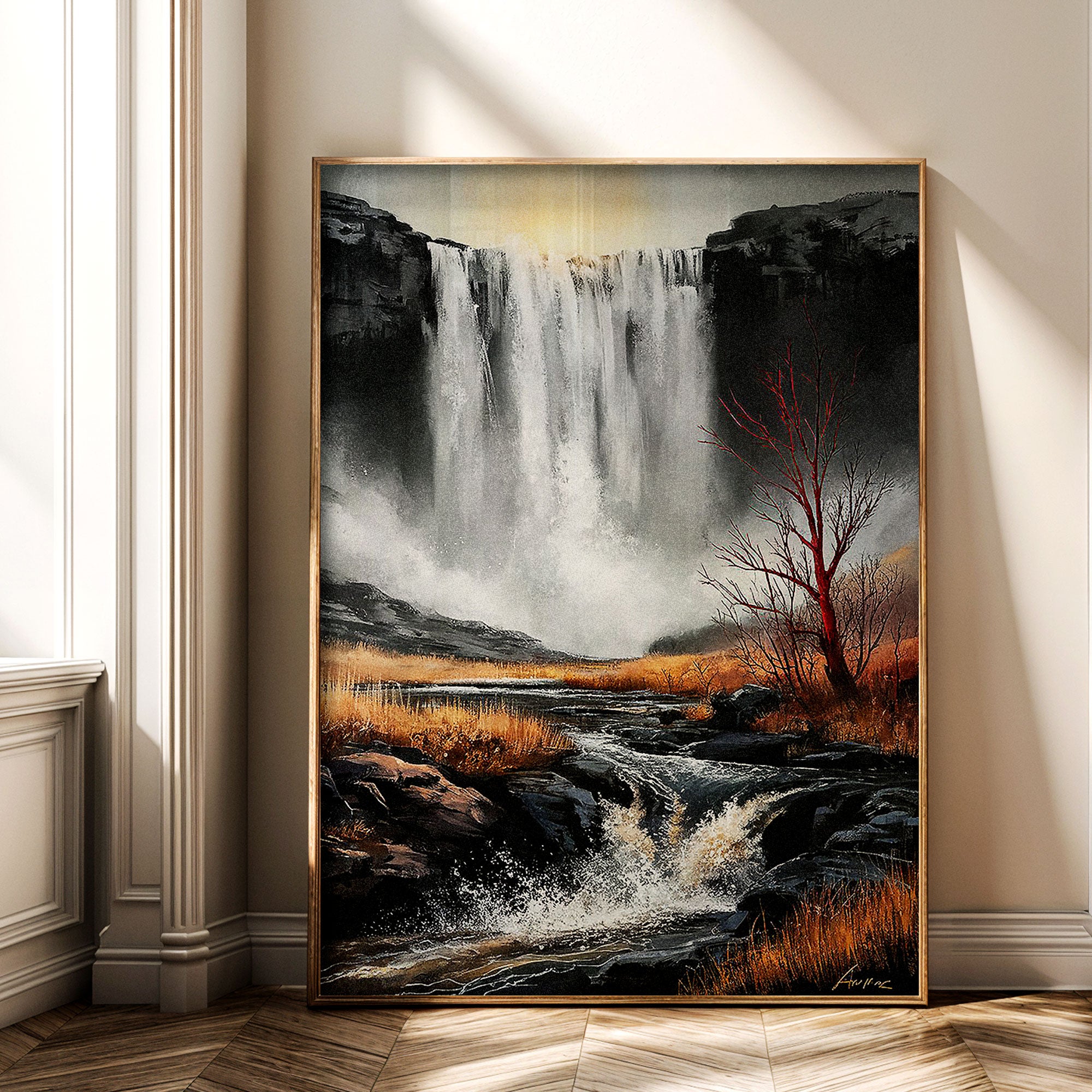 Dramatic Waterfall Wall Art by Krutik – Modern Nature Landscape Painting