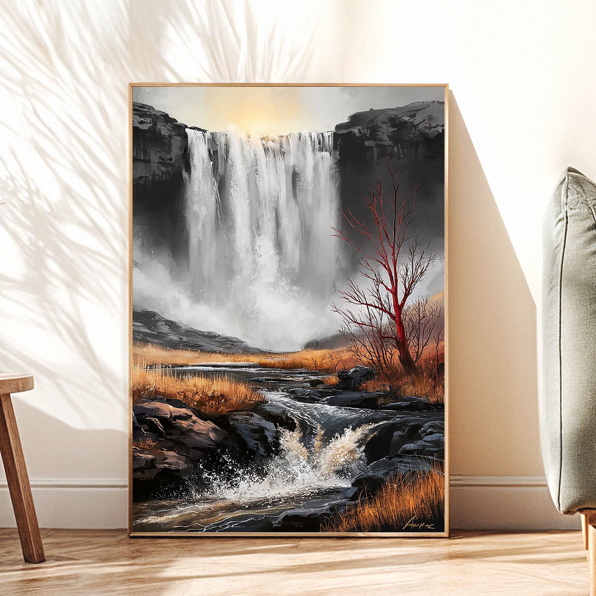 Dramatic Waterfall Wall Art by Krutik – Modern Nature Landscape Painting